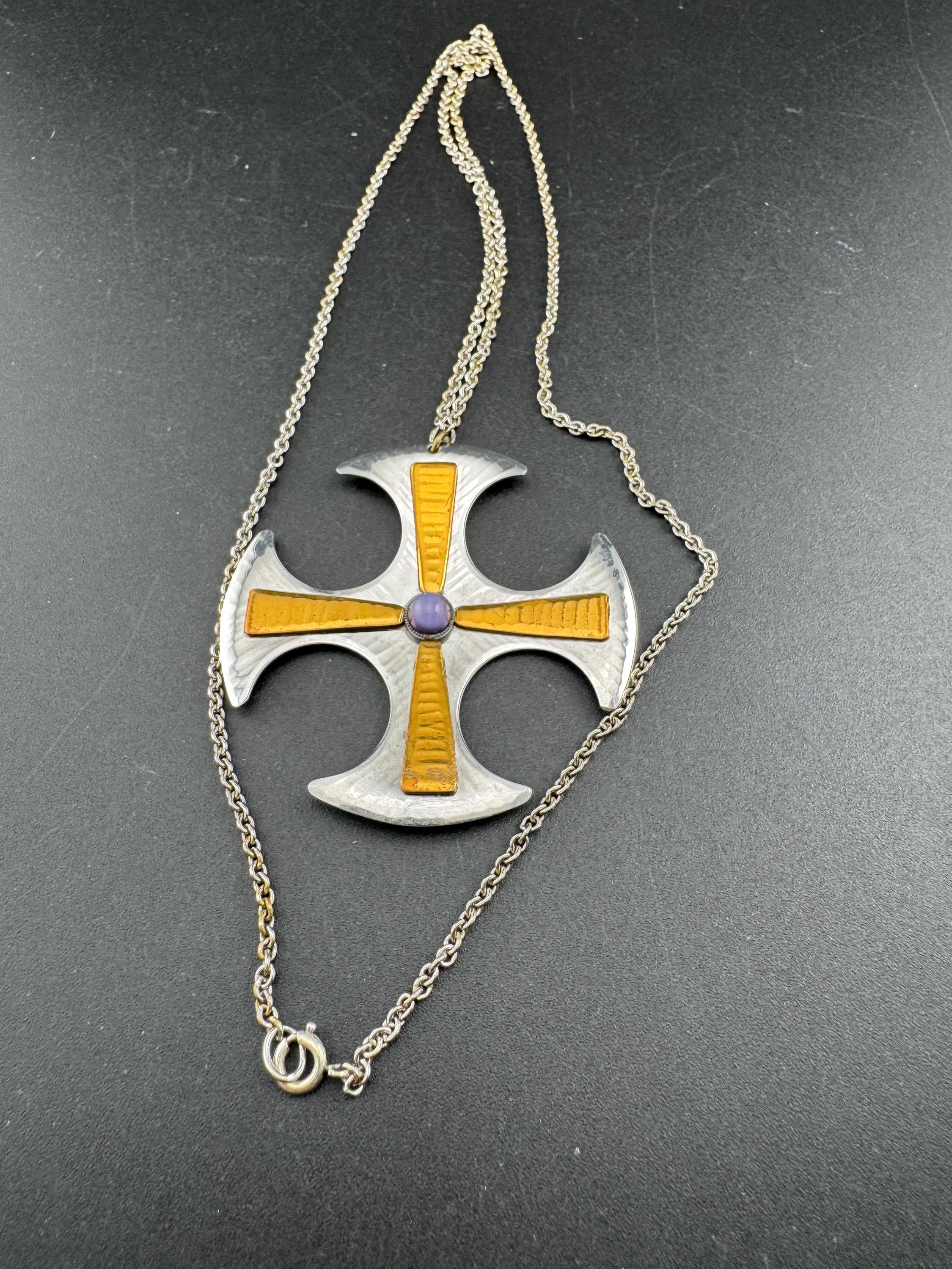 Signed MODA Maltese cross stainless steel purple gemstone pendant necklace 1970s