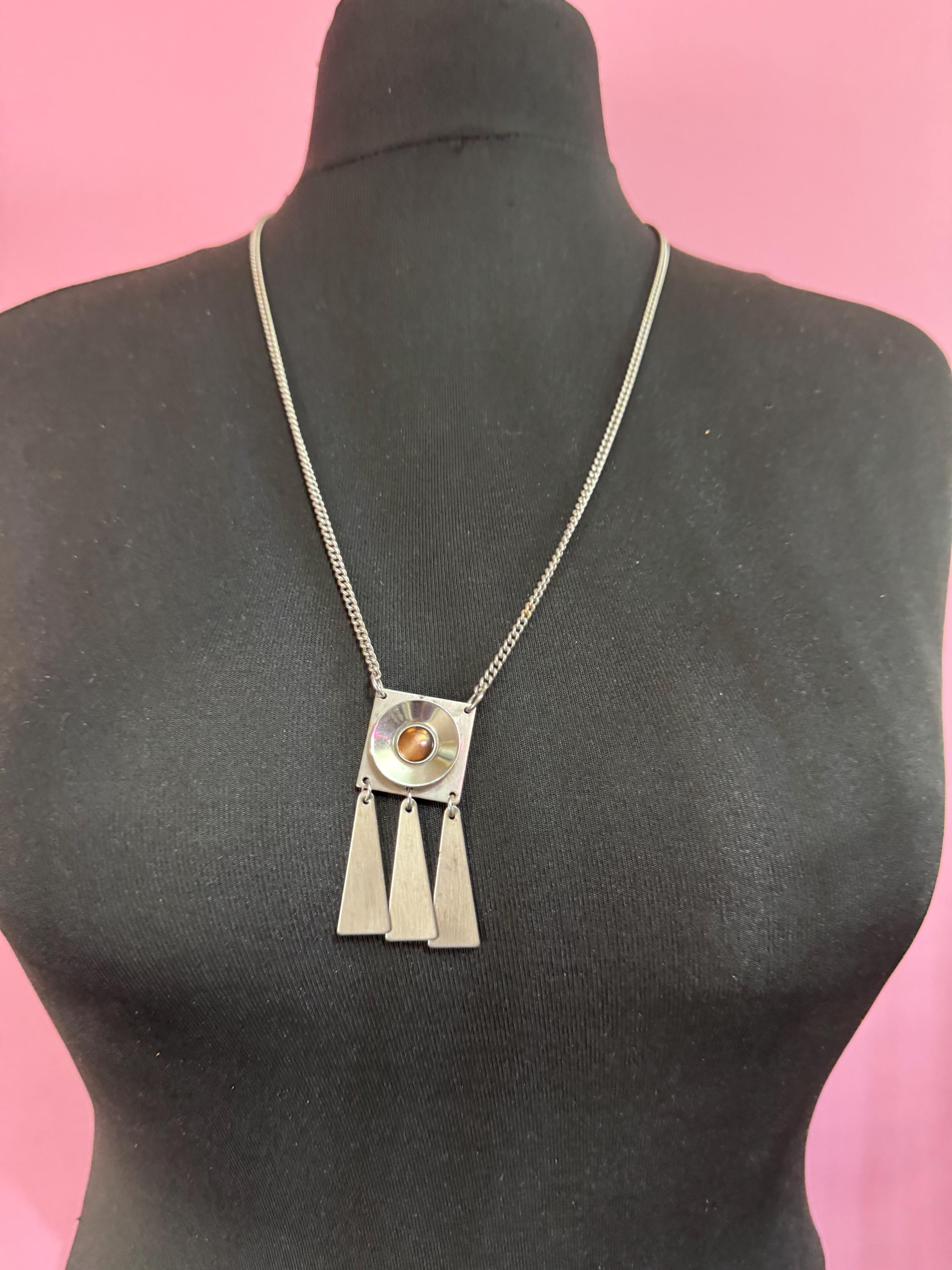 Signed stainless steel glass cabochon fringed pendant necklace, Vintage 1970s