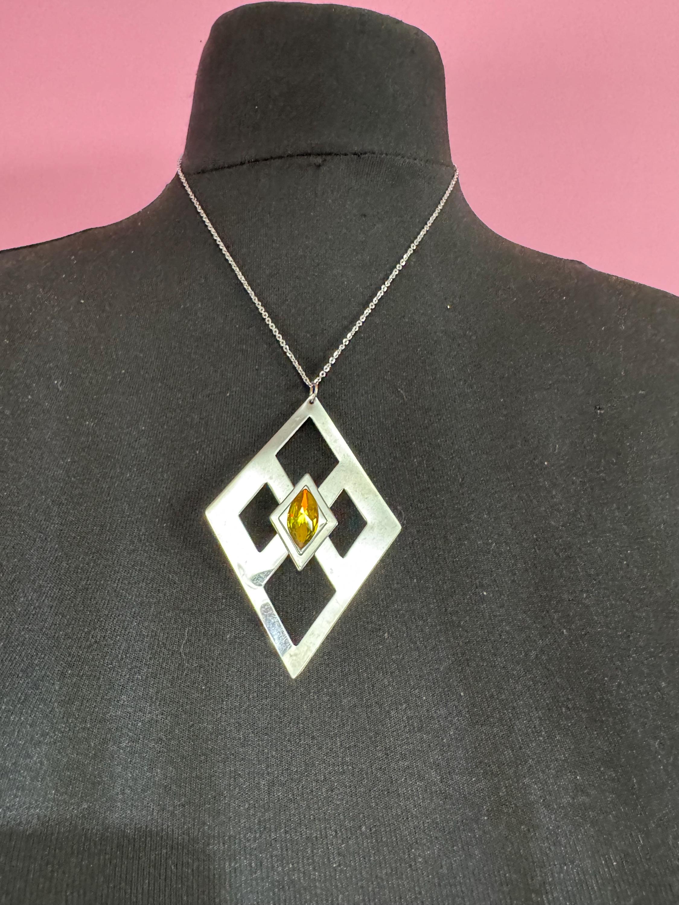 stainless steel pink glass cabochon pendant necklace, Vintage 1970s