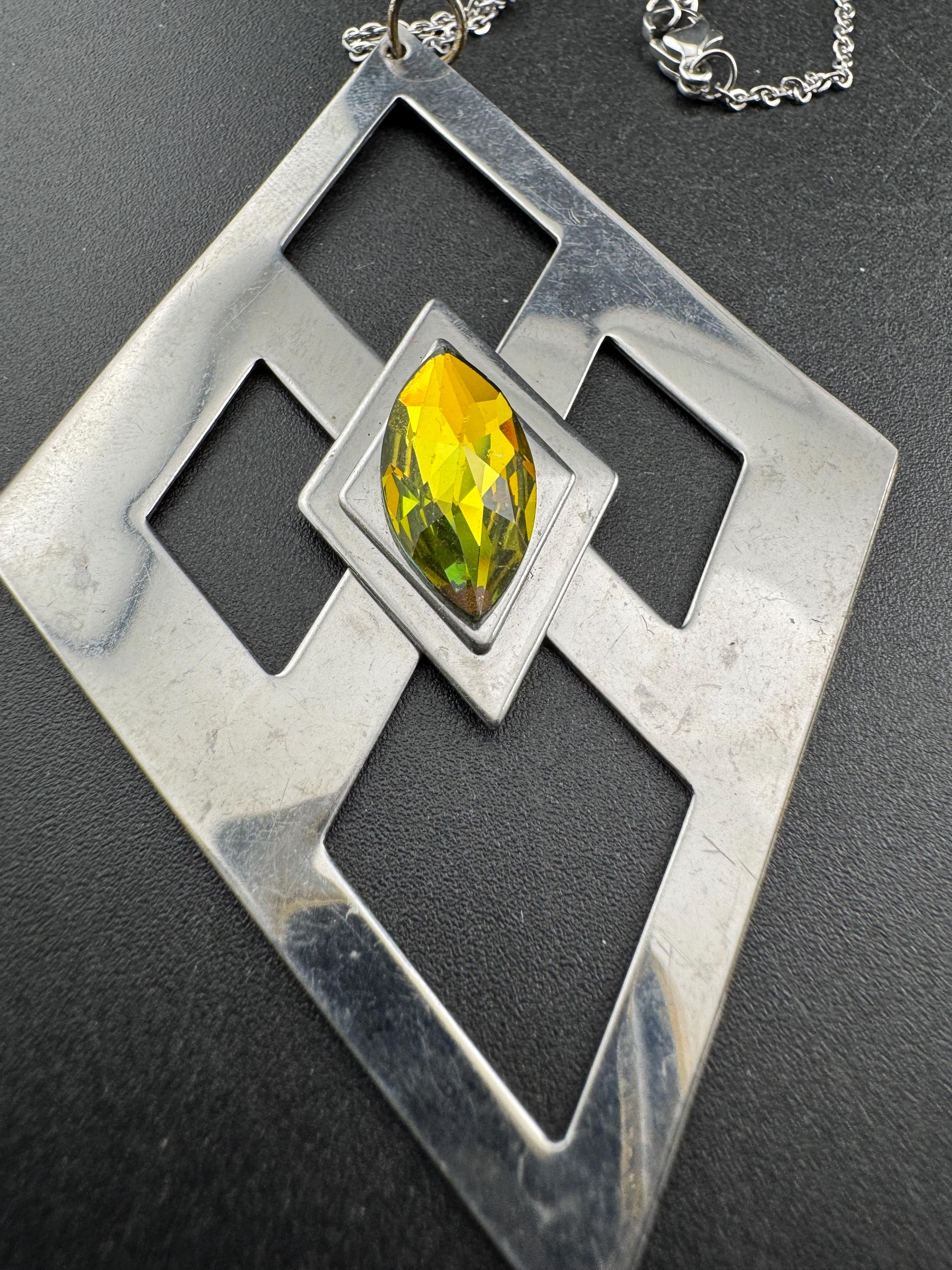 stainless steel pink glass cabochon pendant necklace, Vintage 1970s