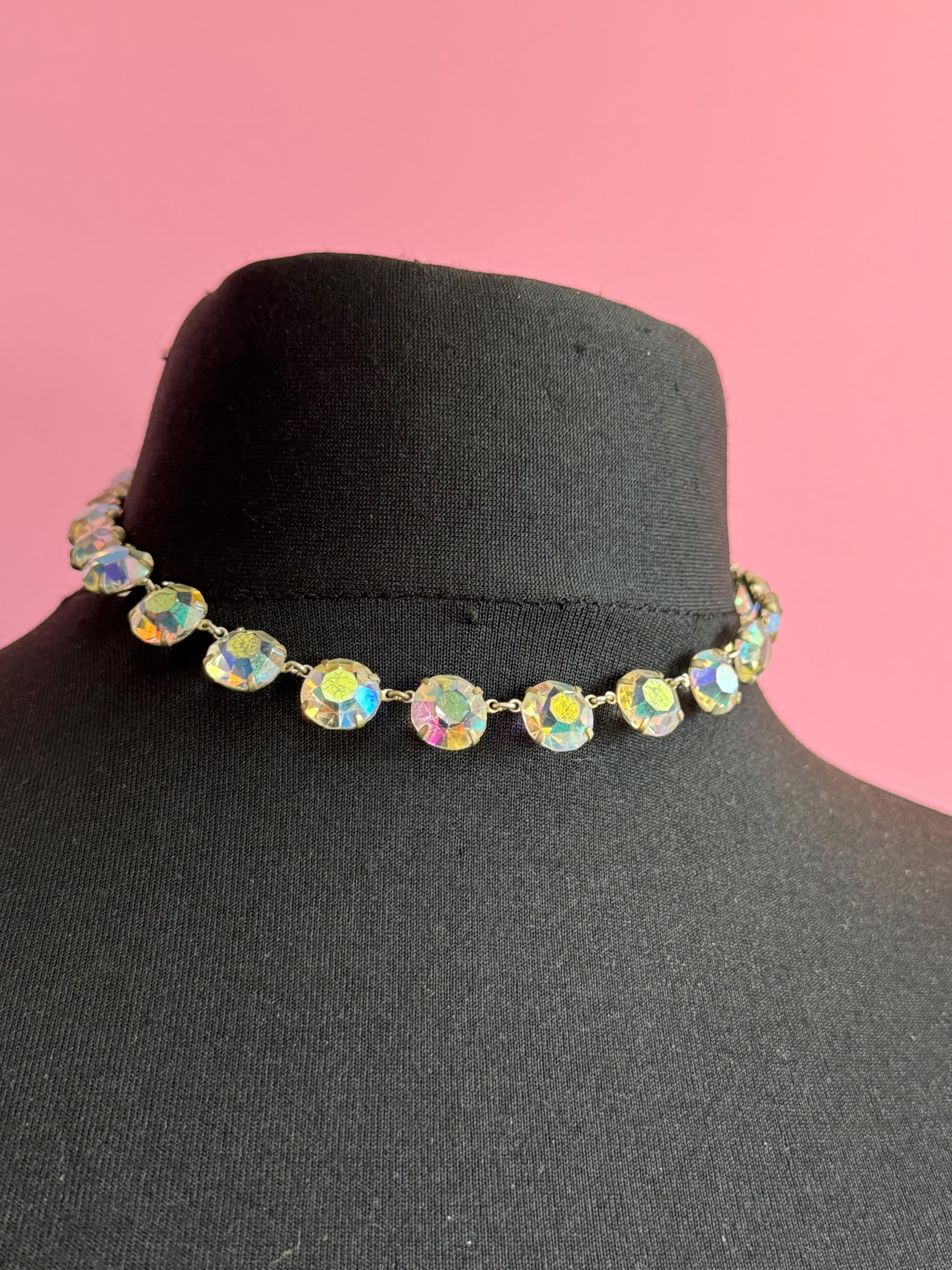 Vintage Aurora Borealis Glass Necklace: Rainbow Crystal Rivère, 1950s