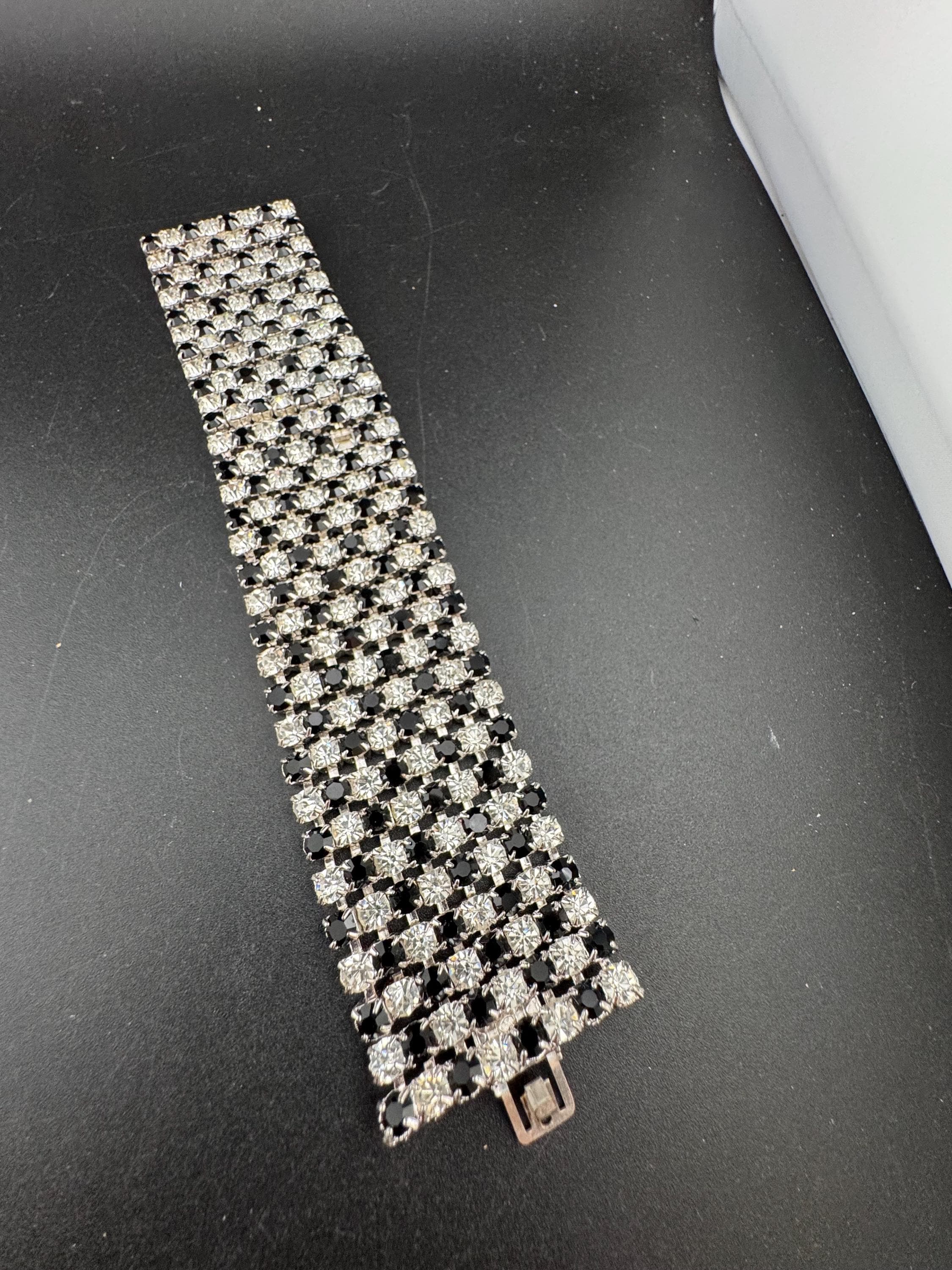 Vintage wide black and clear rhinestone bracelet, monochrome