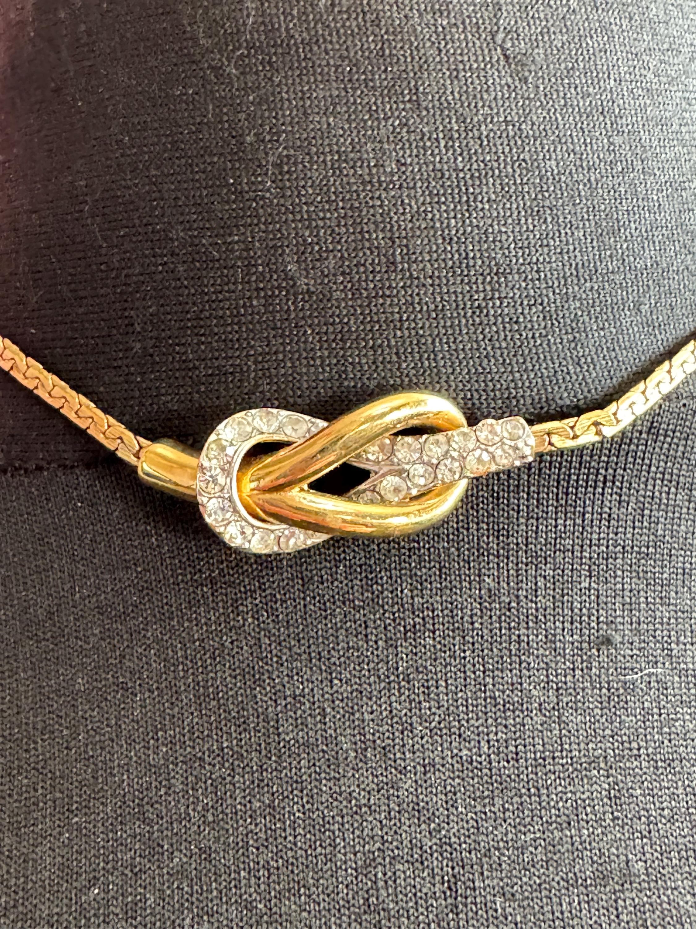 Vintage signed Swarovski crystal gold plated knot chain necklace, petite slim fit