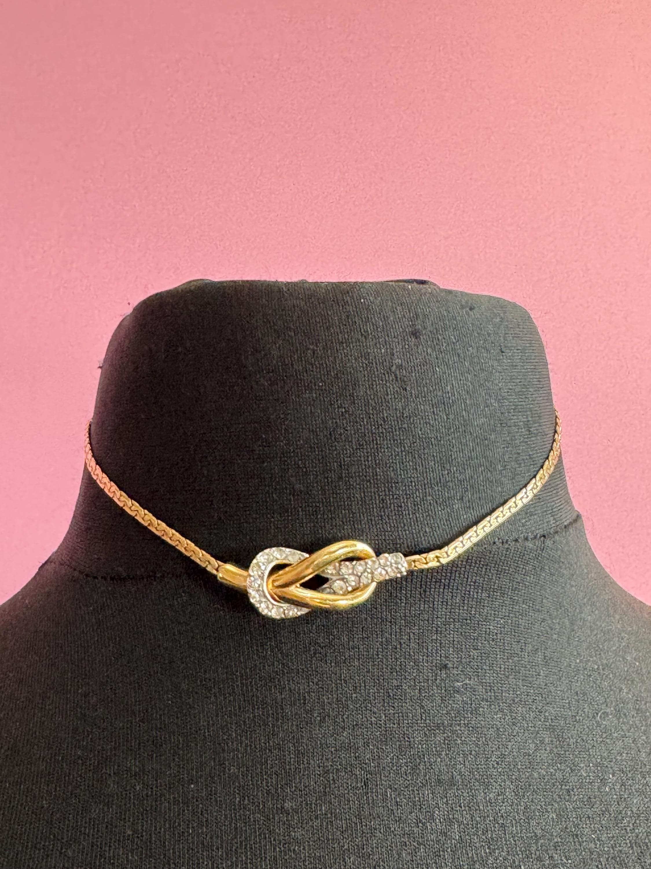 Vintage signed Swarovski crystal gold plated knot chain necklace, petite slim fit