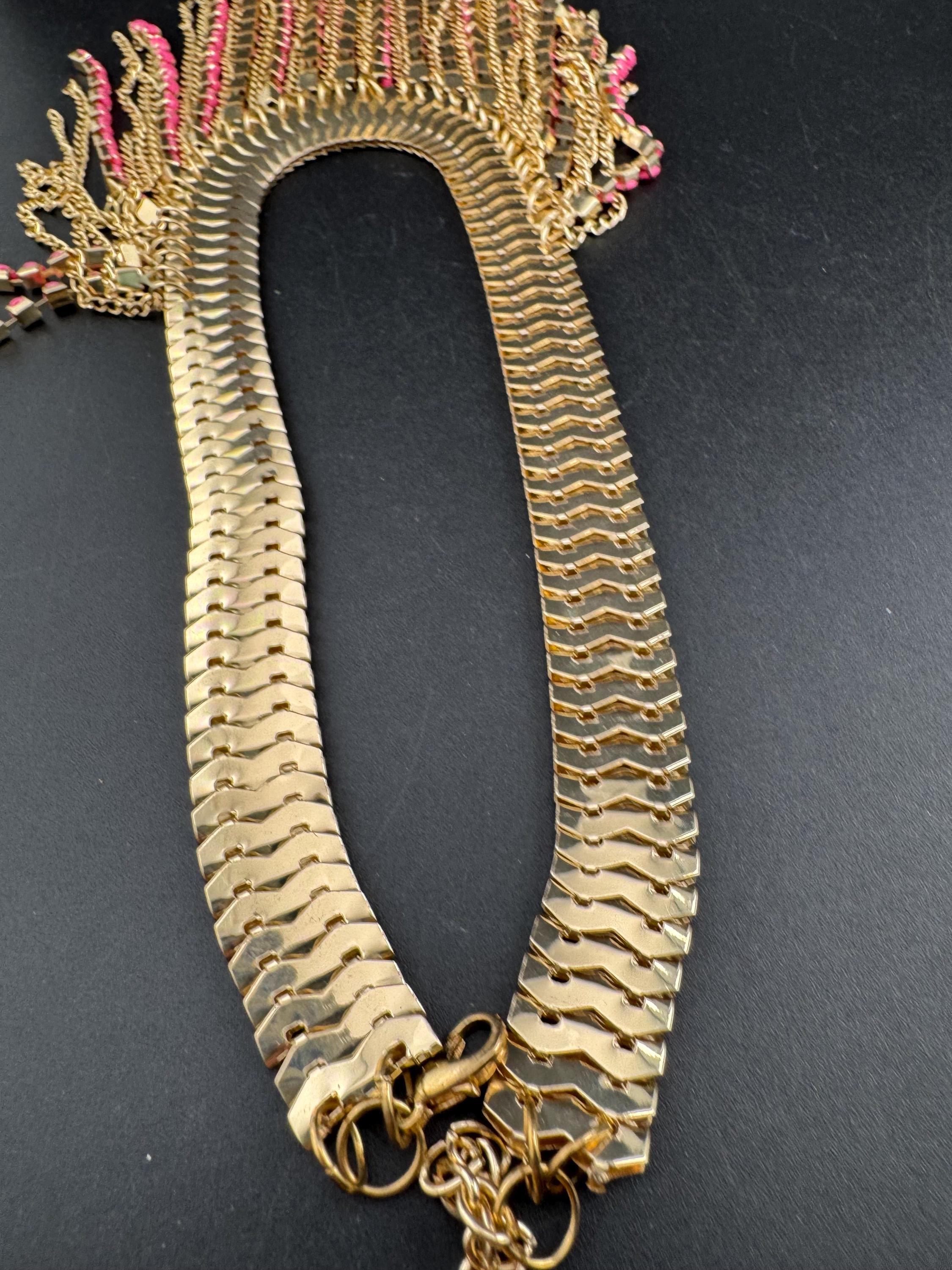 Bright pink diamanté bib necklace, retro gold tone