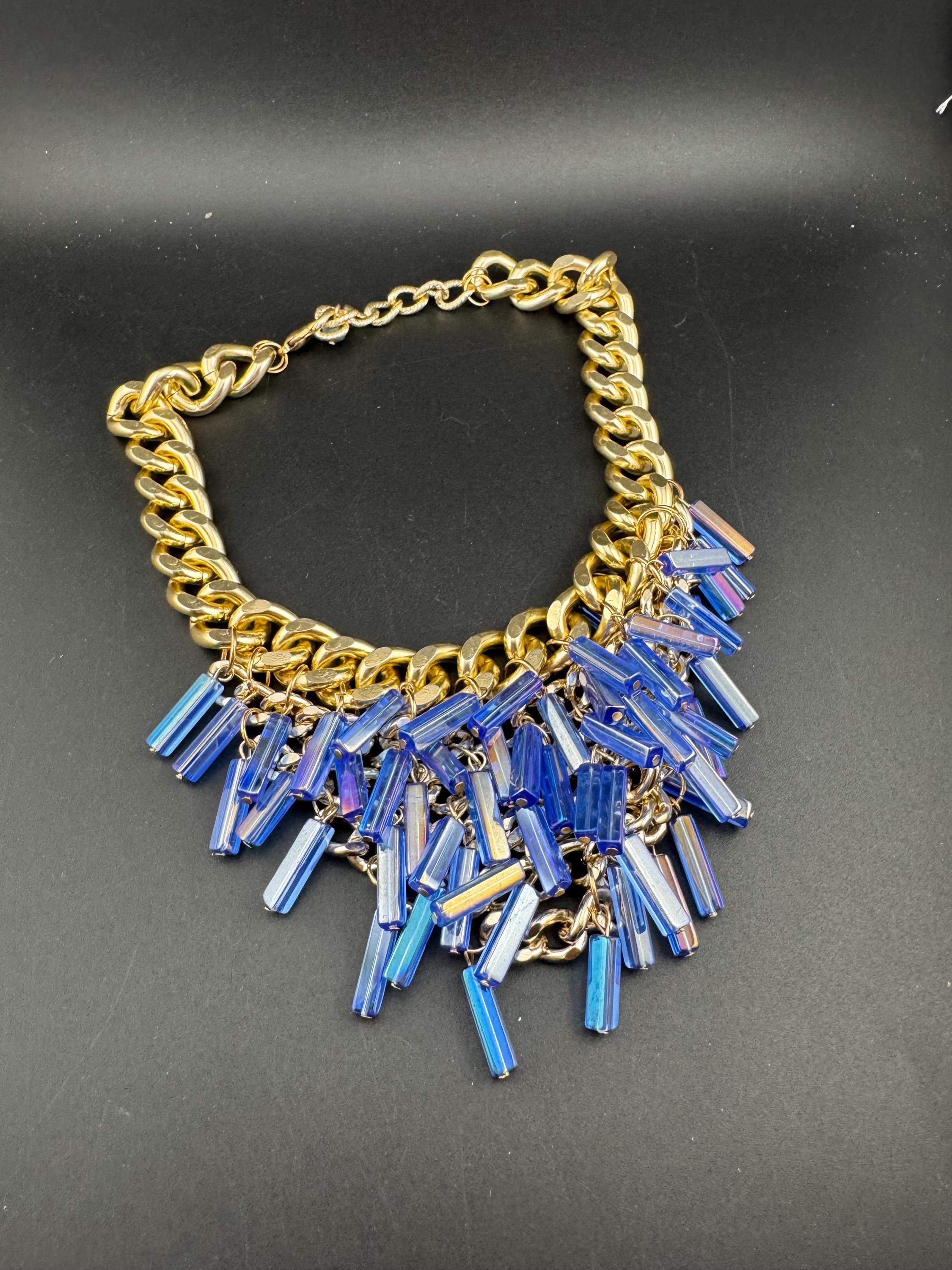 Oversized gold and blue glass beaded choker necklace, retro bib curb chain