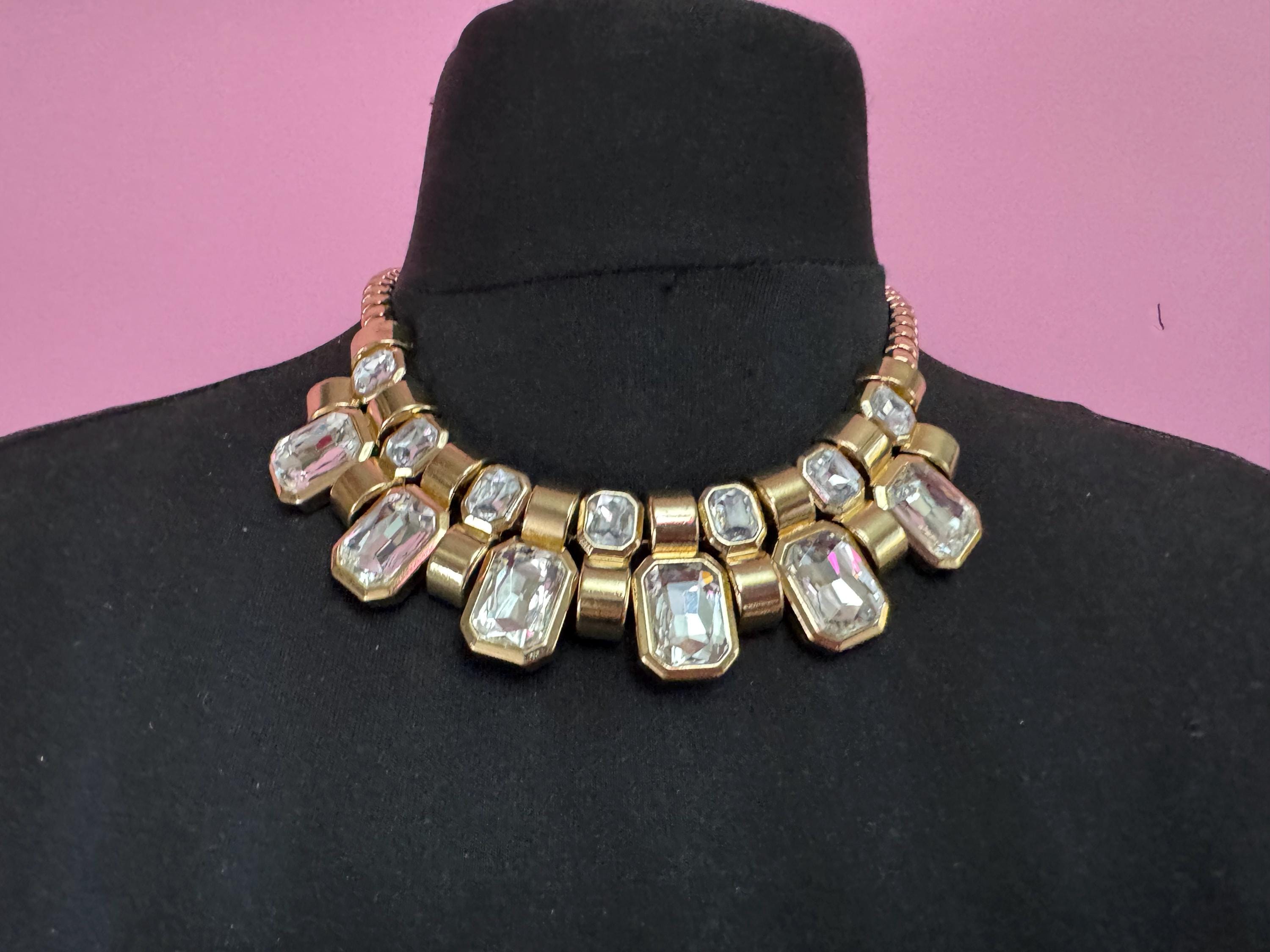 Vintage clear diamanté octagonal choker, rhinestone gold tone necklace