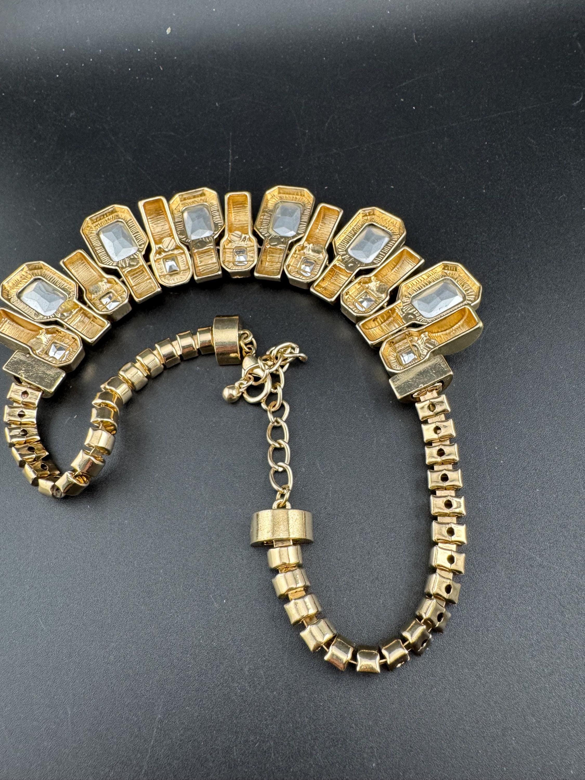 Vintage clear diamanté octagonal choker, rhinestone gold tone necklace