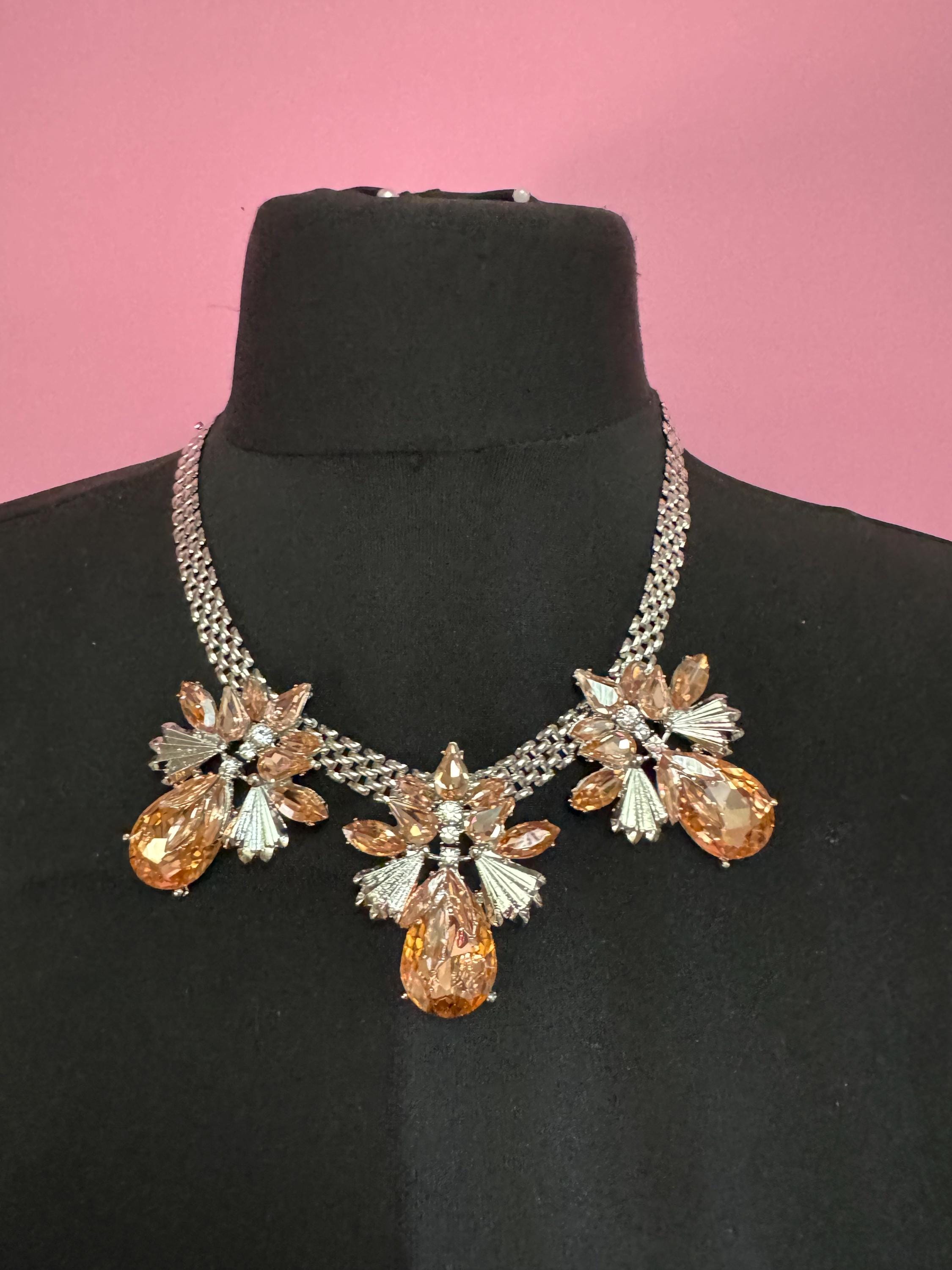 Peach rhinestone oversized panther link choker, silver tone necklace