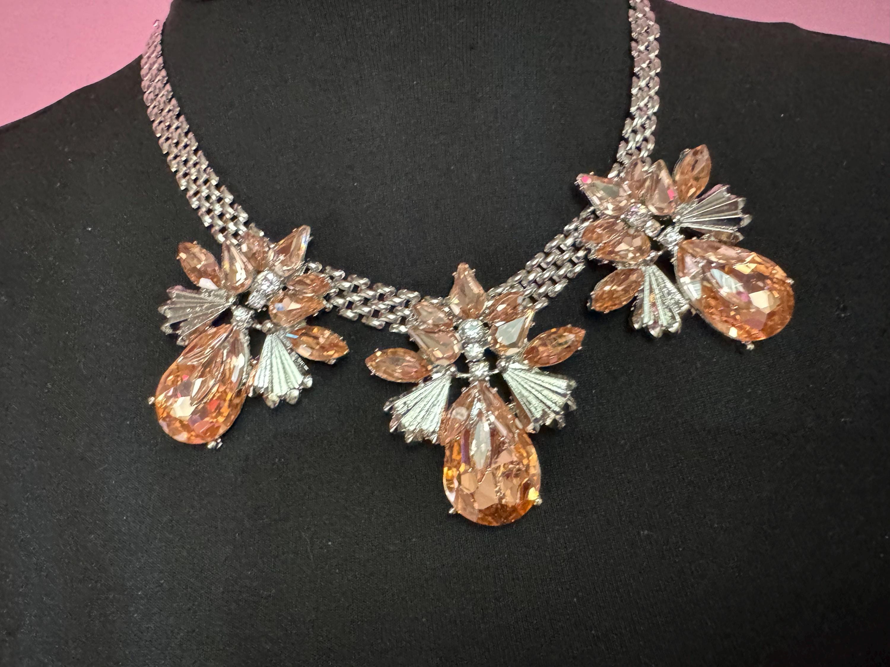Peach rhinestone oversized panther link choker, silver tone necklace
