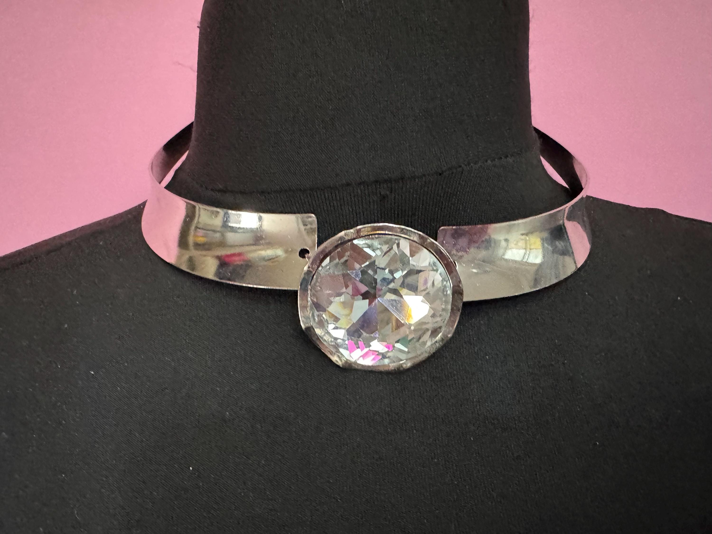 Retro clear Diamanté panel link metal choker, silver tone chunky necklace