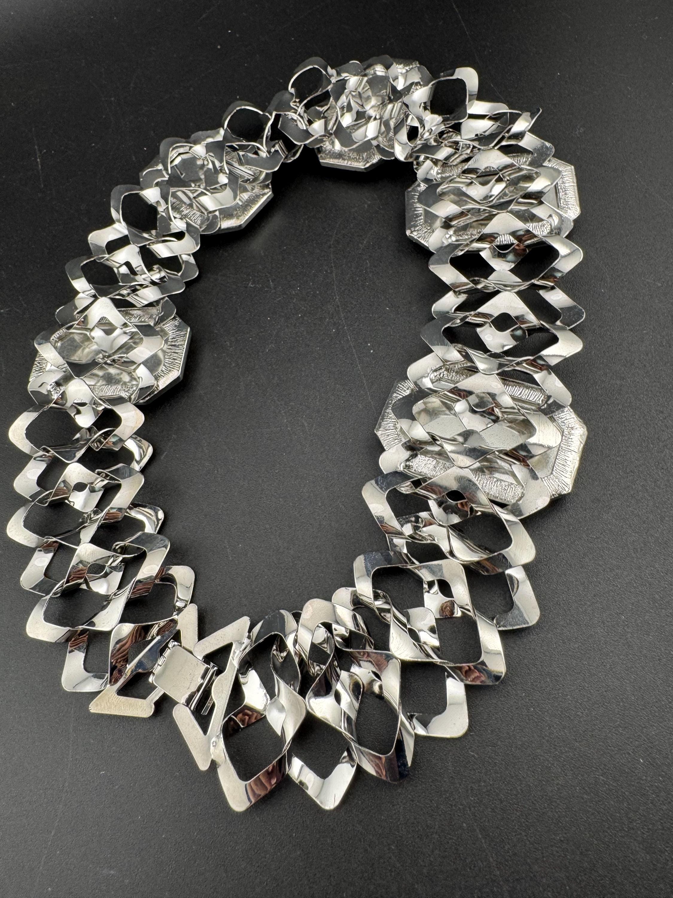 Retro lemon yellow Diamanté panel link metal choker, silver tone chunky necklace