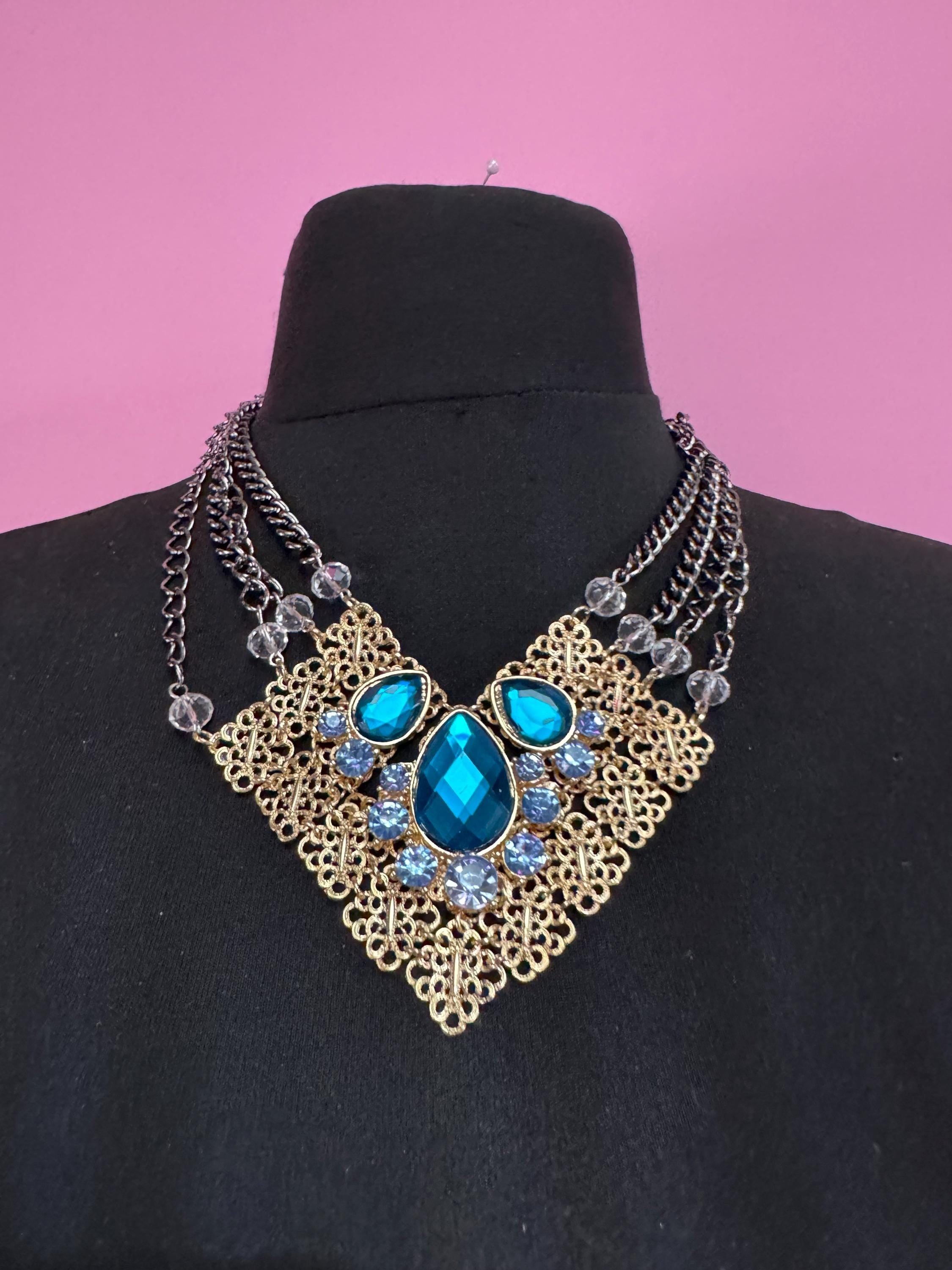 Retro turquoise blue Diamanté panel link metal choker, silver and gold tone chunky necklace