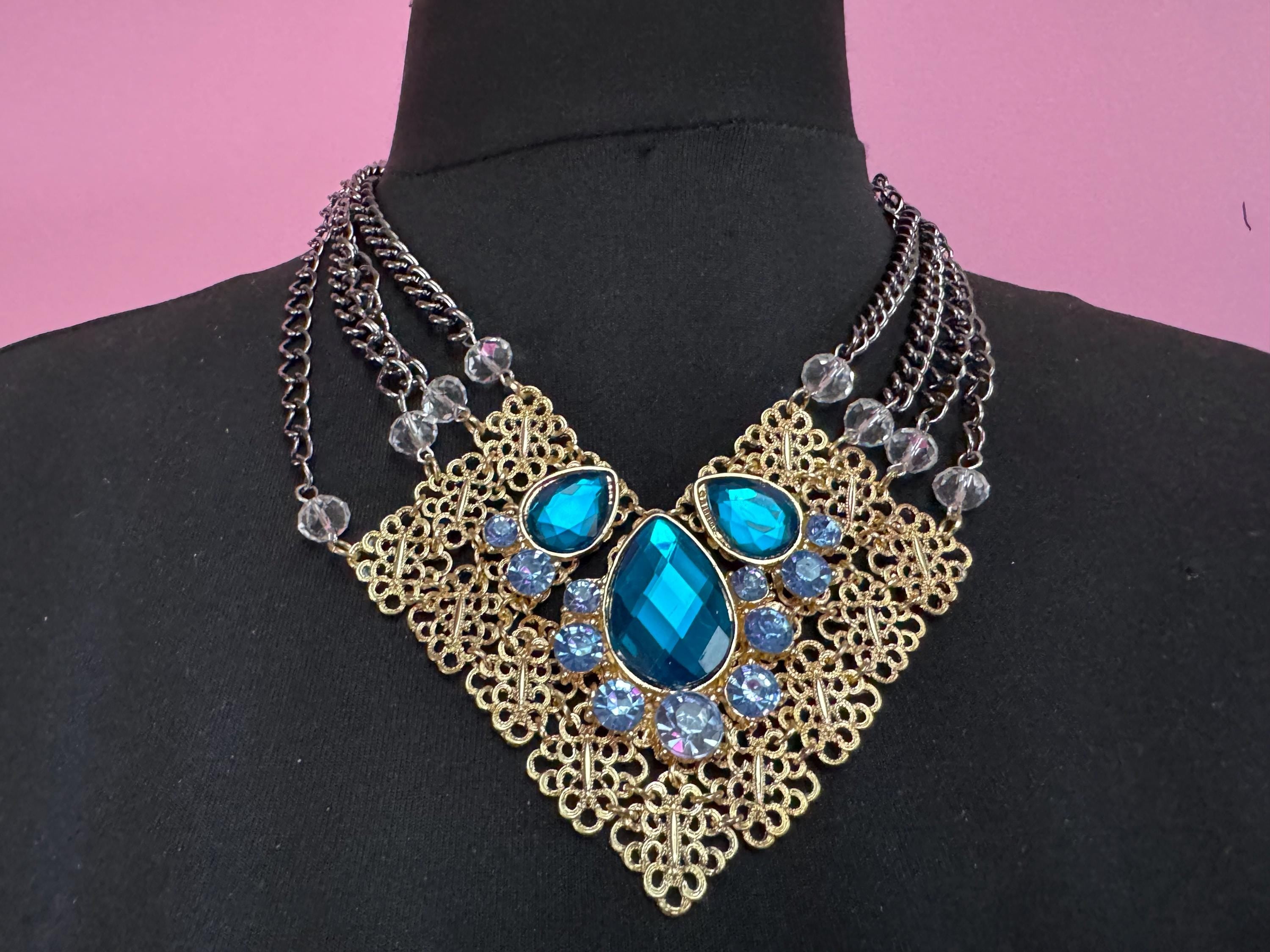 Retro turquoise blue Diamanté panel link metal choker, silver and gold tone chunky necklace