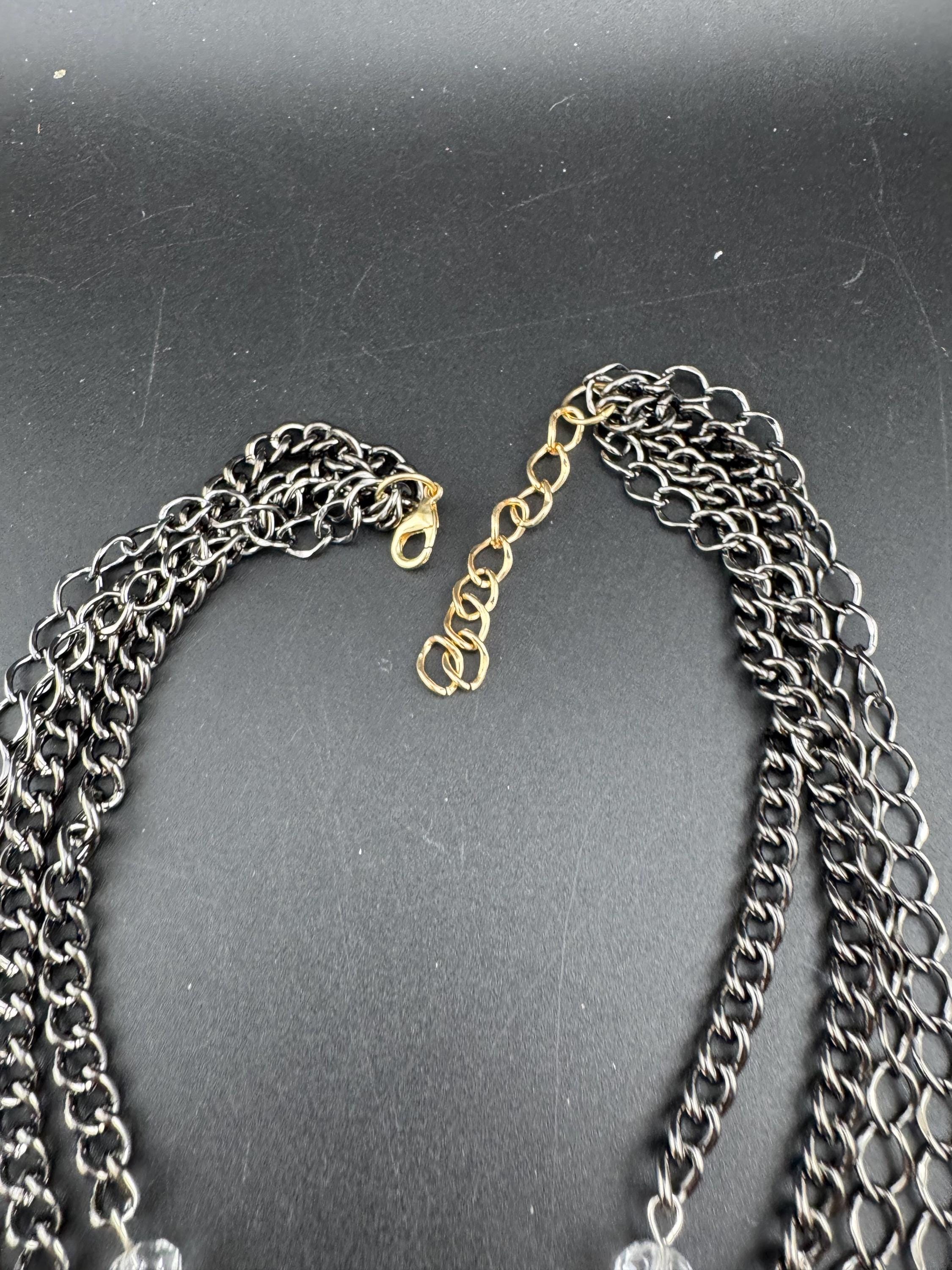 Retro turquoise blue Diamanté panel link metal choker, silver and gold tone chunky necklace