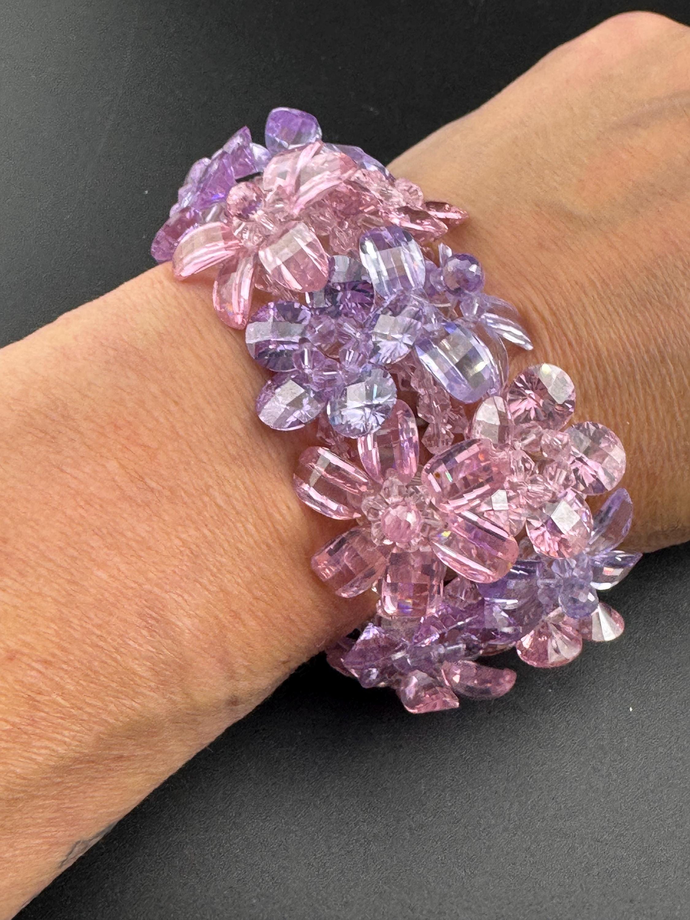 Unsigned Butler and Wilson purple pink Crystal floral beaded bracelet