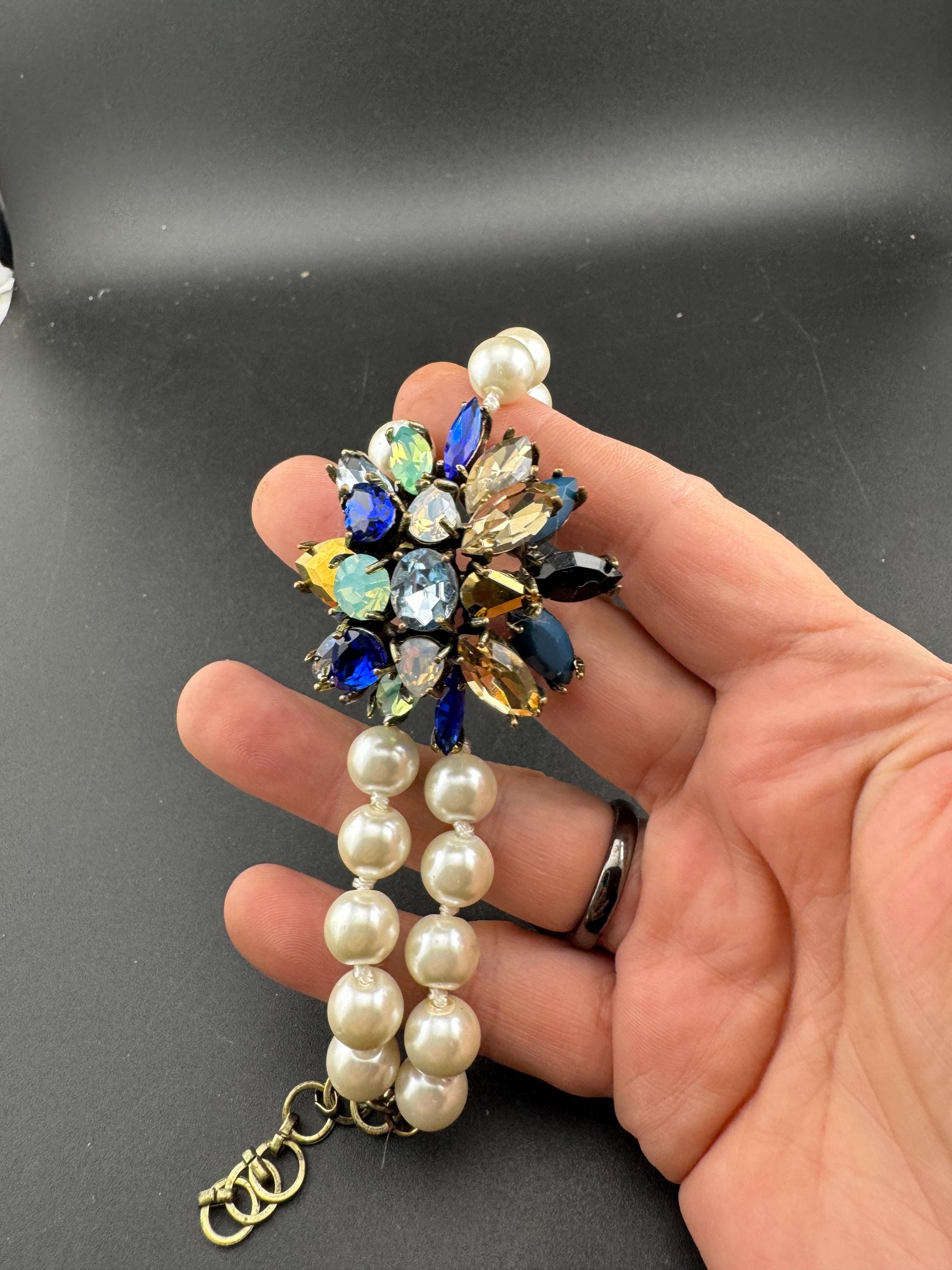 silver chunky faux Pearl beaded diamanté bracelet retro