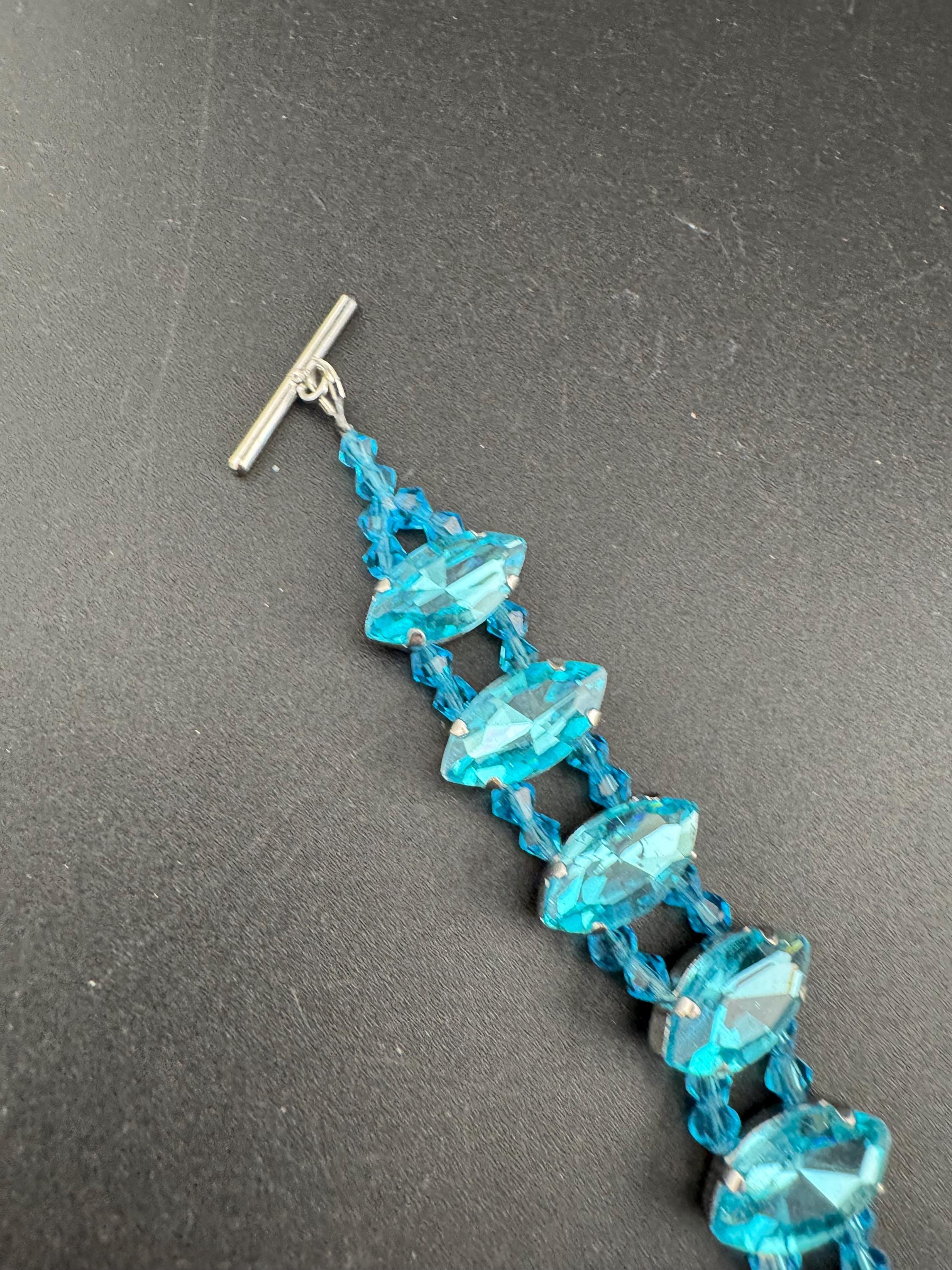 turquoise blue paste diamanté tennis bracelet, silver tone toggle