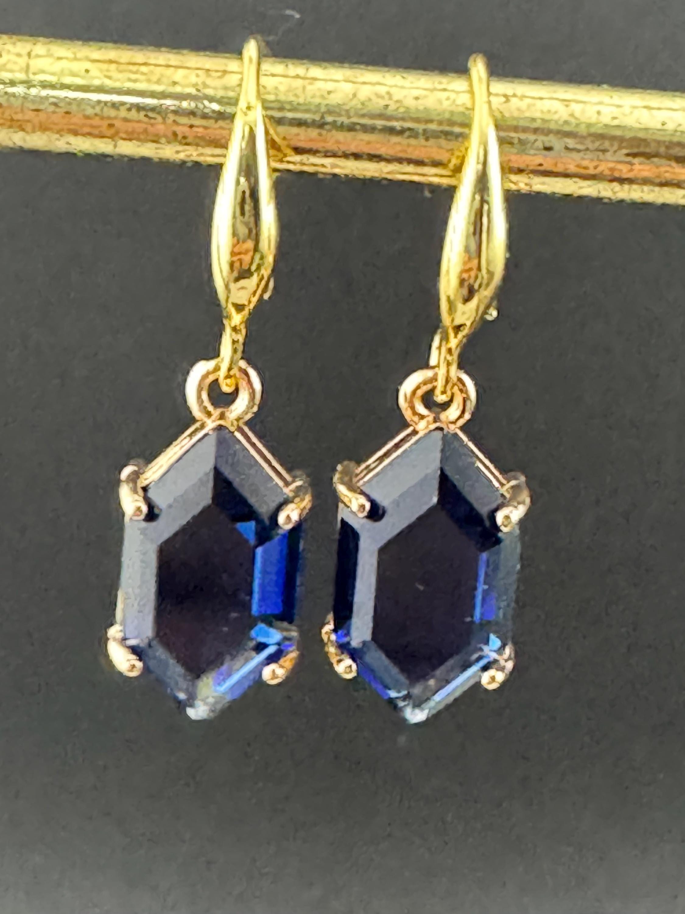 18k GP sapphire blue crystal diamanté drop earrings, hexagon