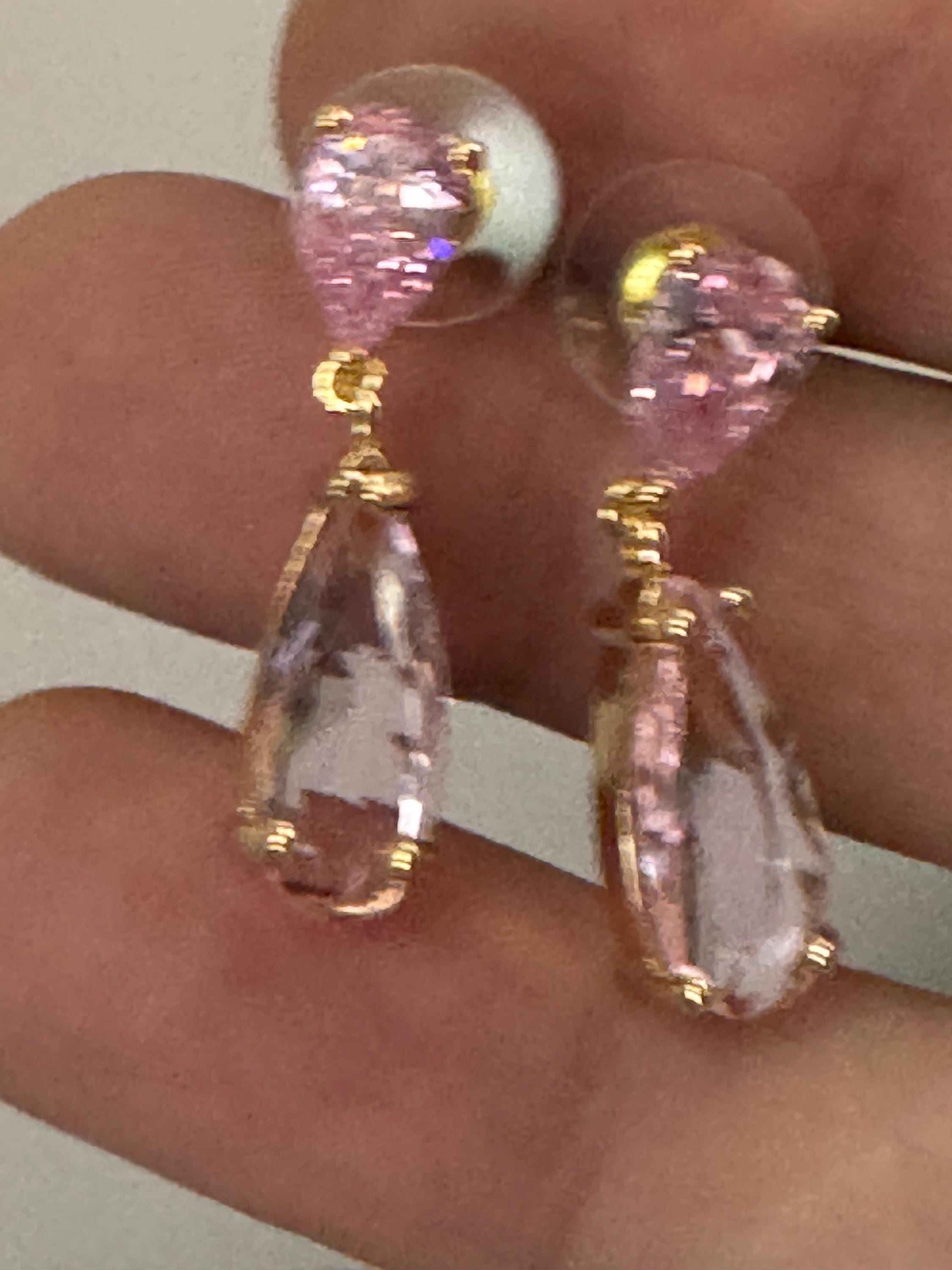 pink crystal teardrop long drop earrings, 18k plated earwires