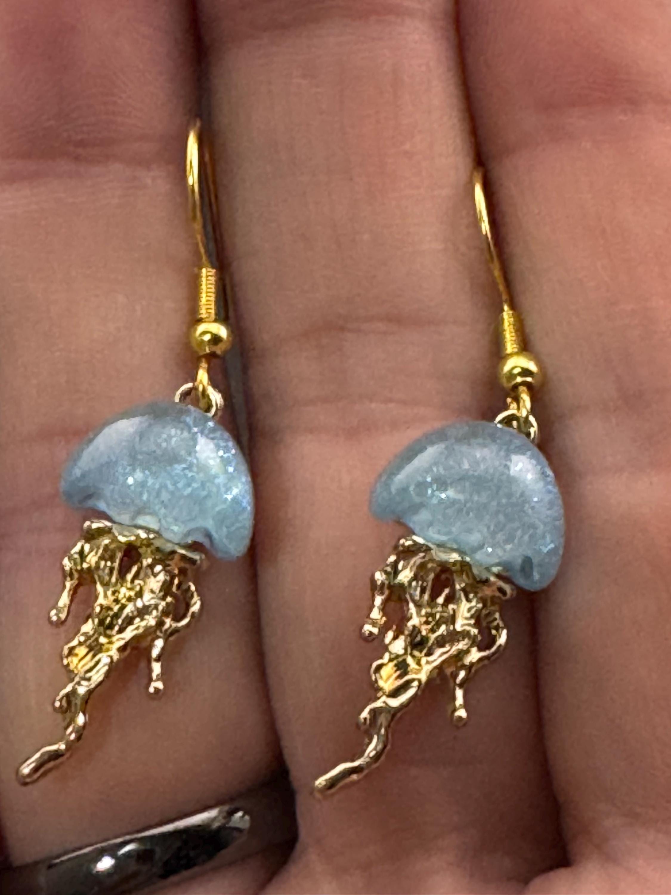 Nautical jellyfish dangly earrings, marine gold tone drops
