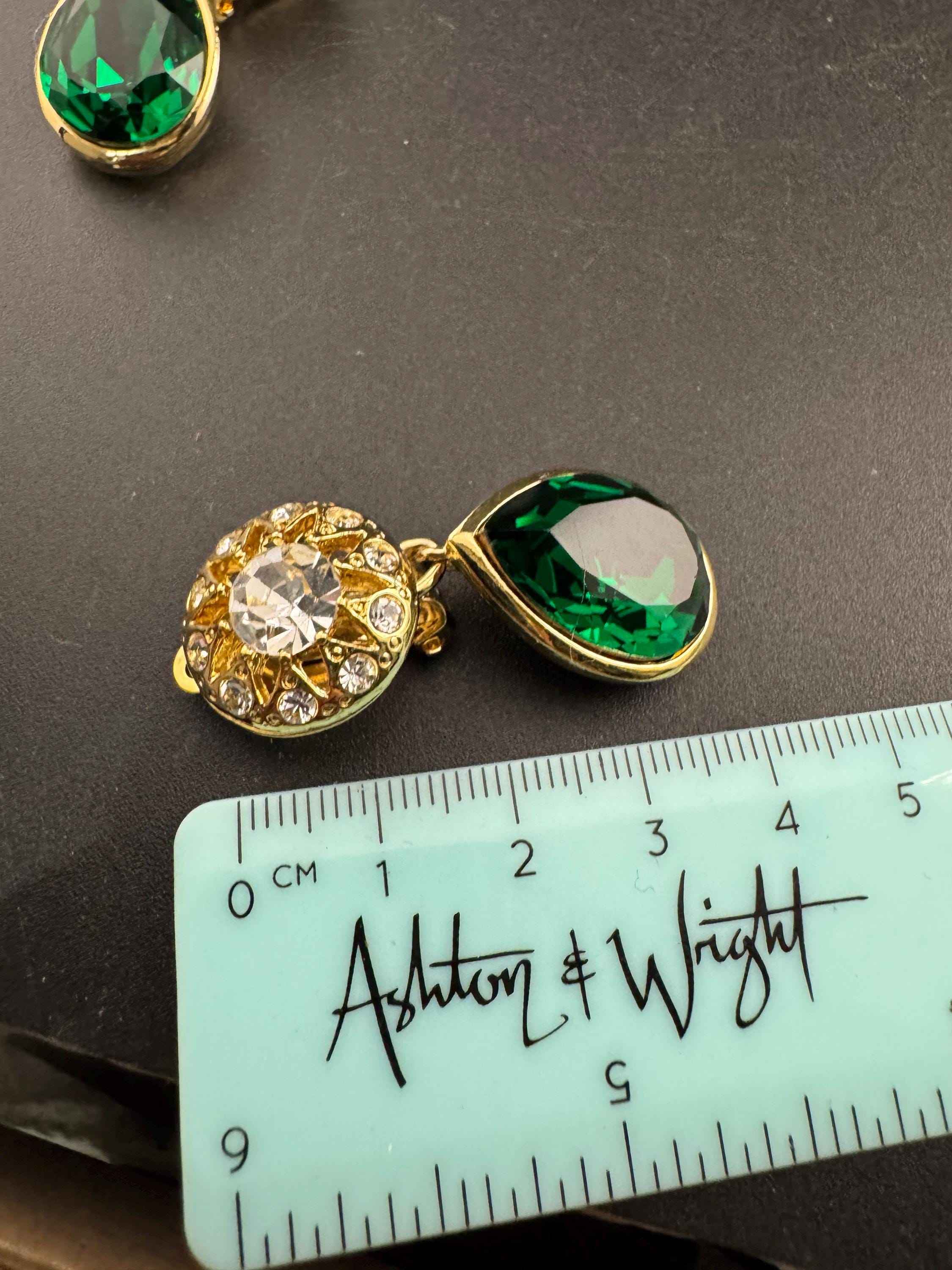 Emerald Green teardrop Crystal clip on dangly Earrings: Swarovski, Gold Tone, 1980s Stock