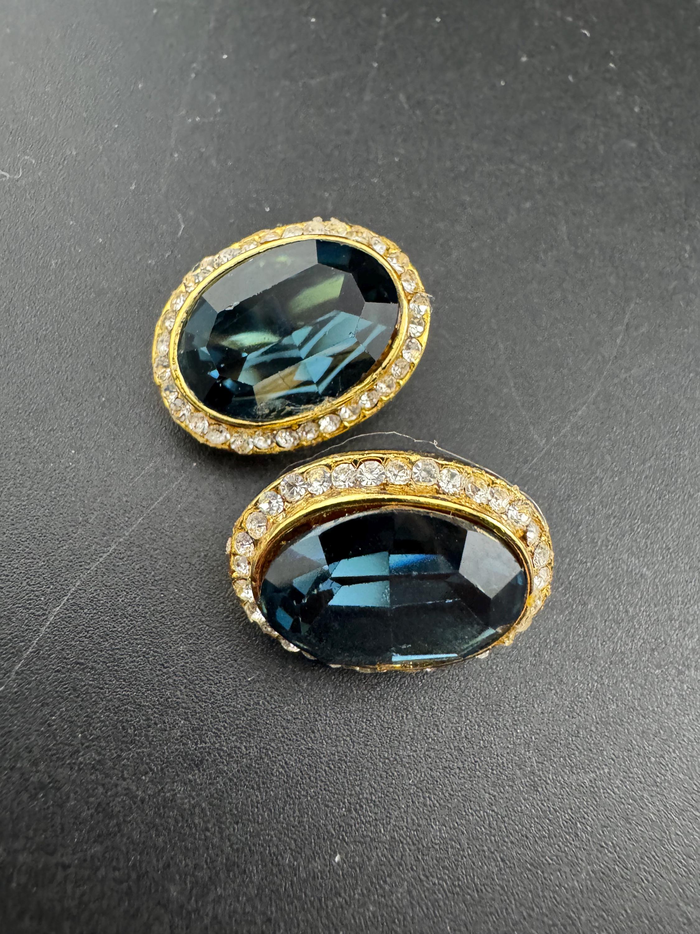 Sapphire Blue Swarovski Crystal clip on Earrings - 1980s gold tone