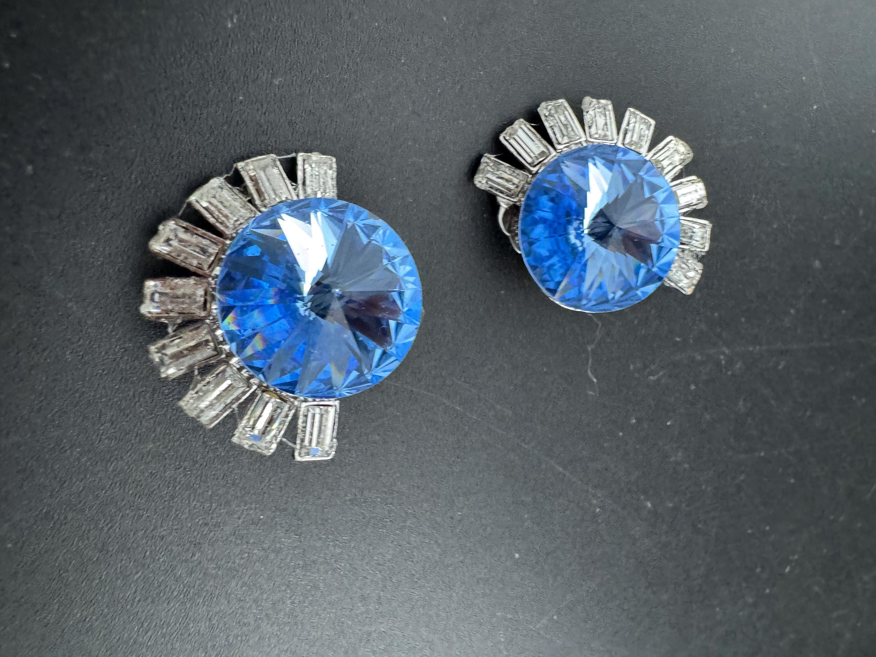 sapphire blue and clear Swarovski rivoli crystal clip on earrings, silver tone