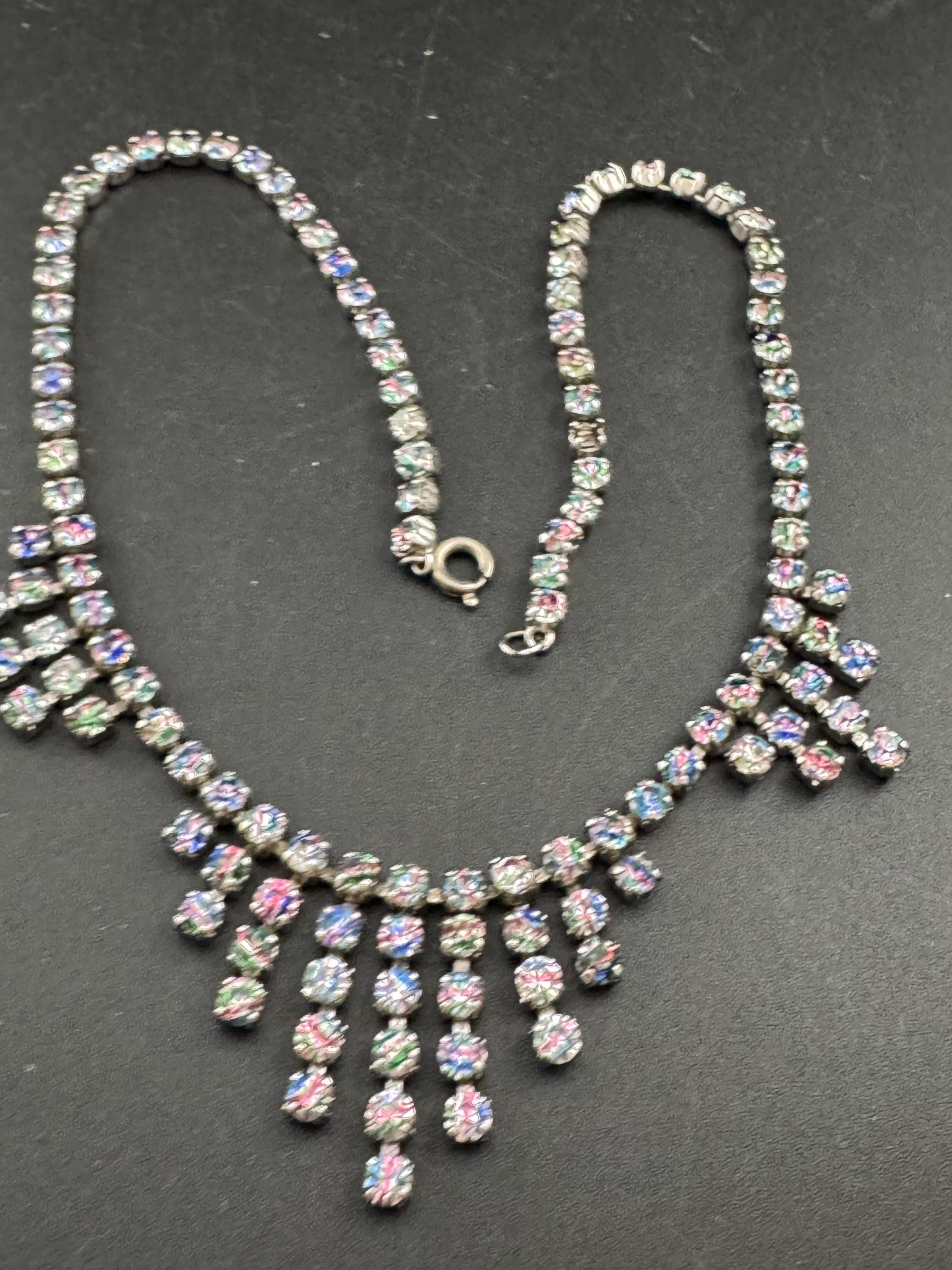 Iris glass diamanté crystal drop necklace, rainbow rhinestones, vintage 42cm