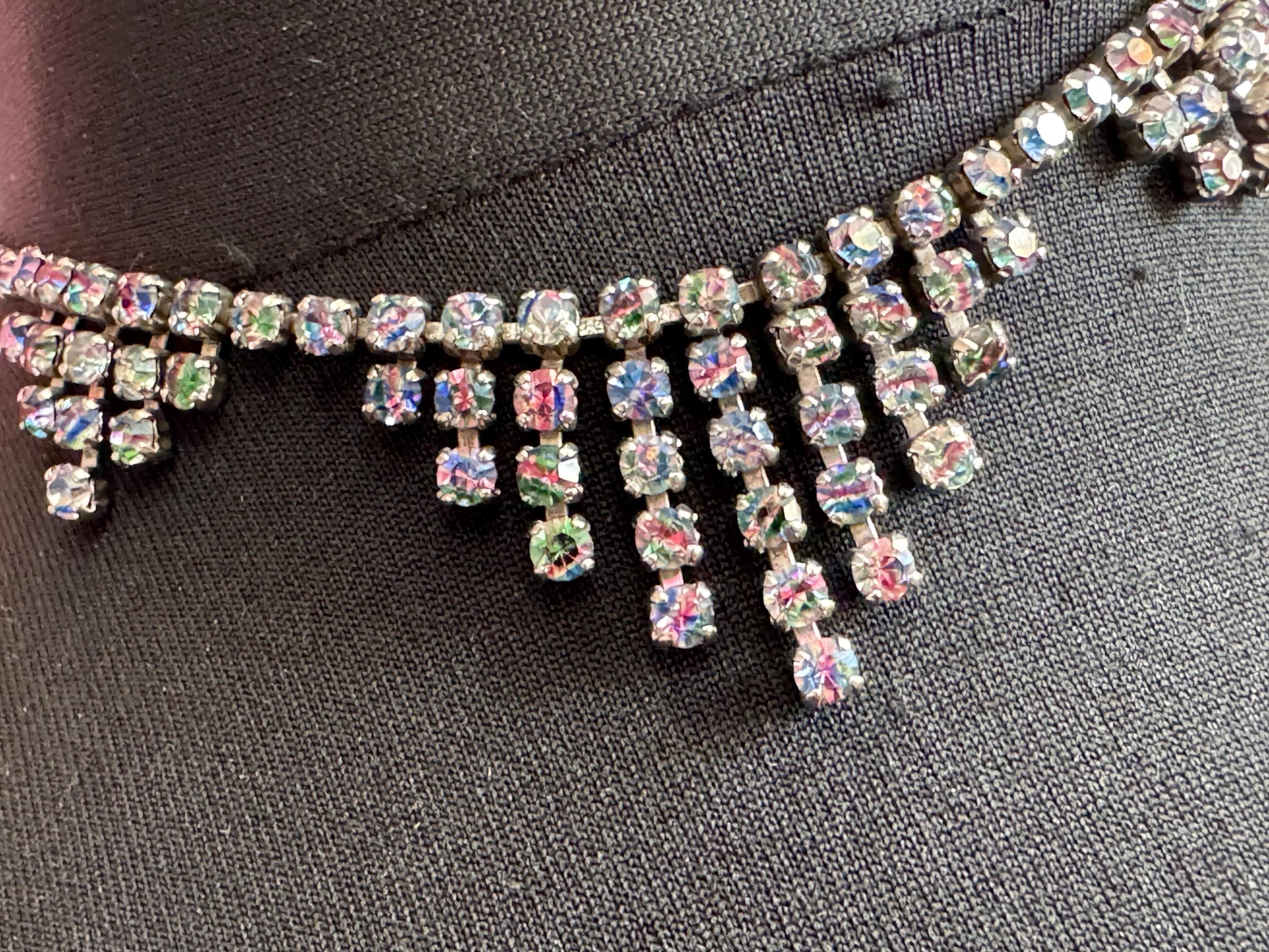 Iris glass diamanté crystal drop necklace, rainbow rhinestones, vintage 42cm