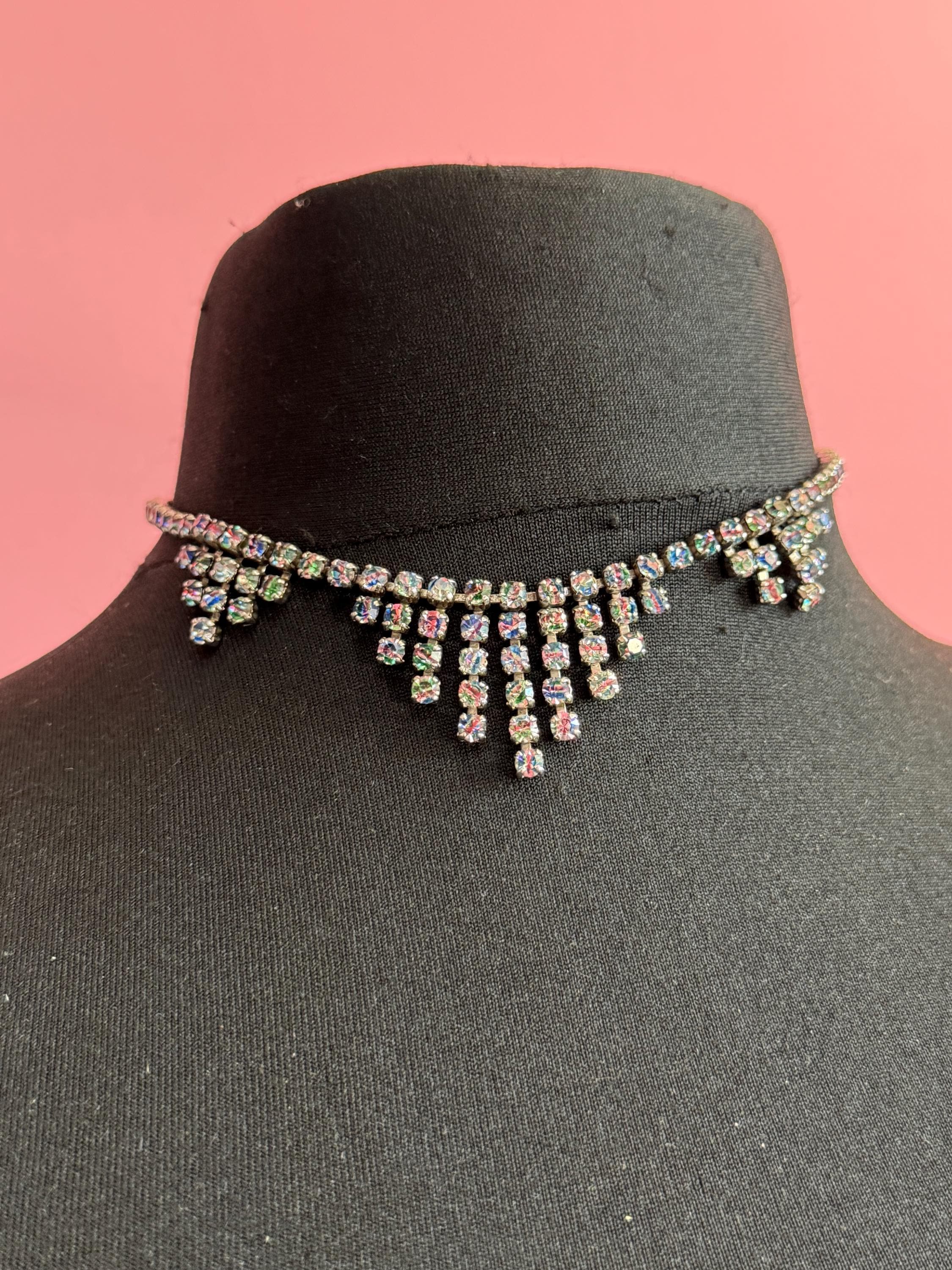 Iris glass diamanté crystal drop necklace, rainbow rhinestones, vintage 42cm