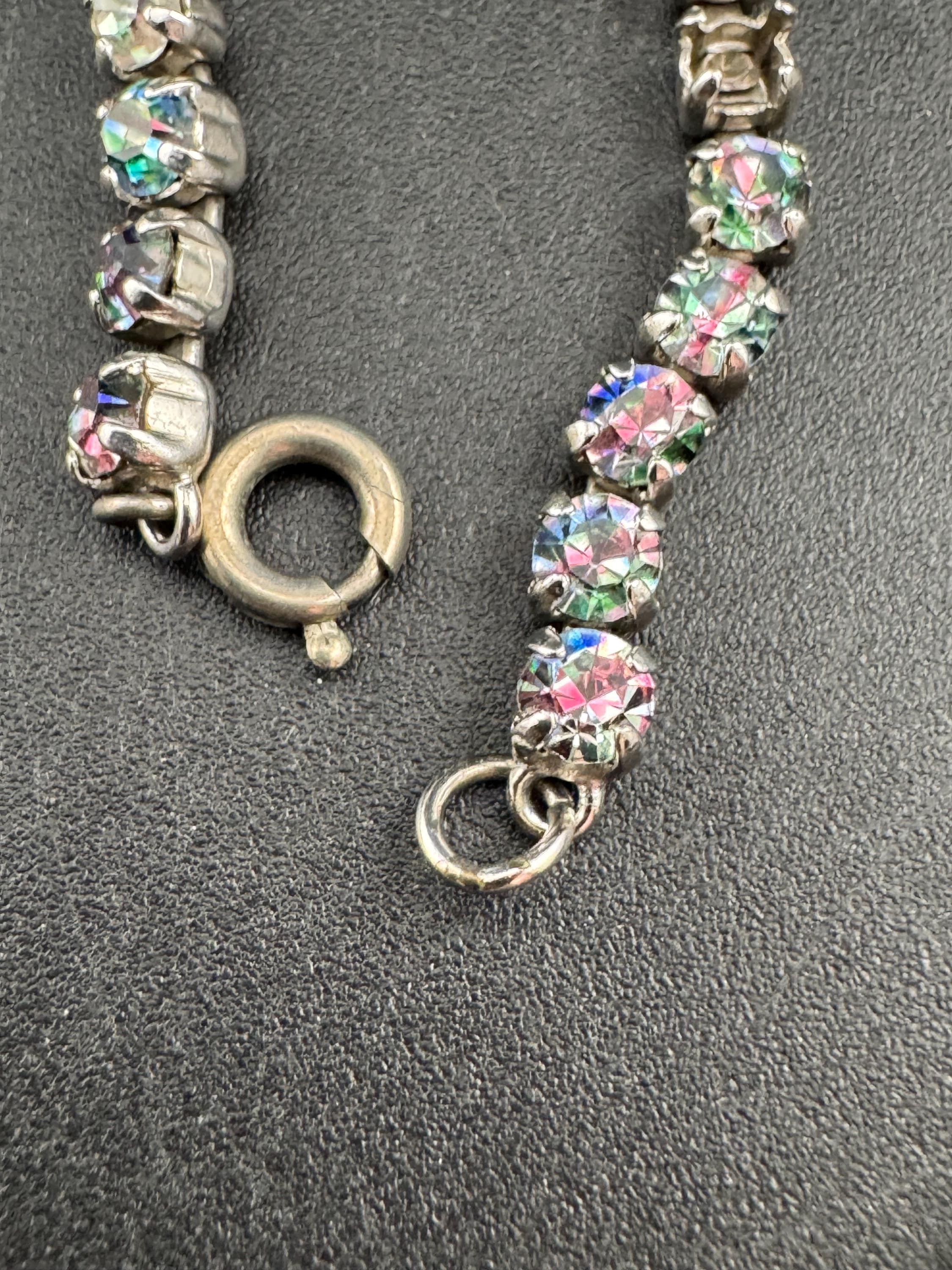 Iris glass diamanté crystal drop necklace, rainbow rhinestones, vintage 41cm