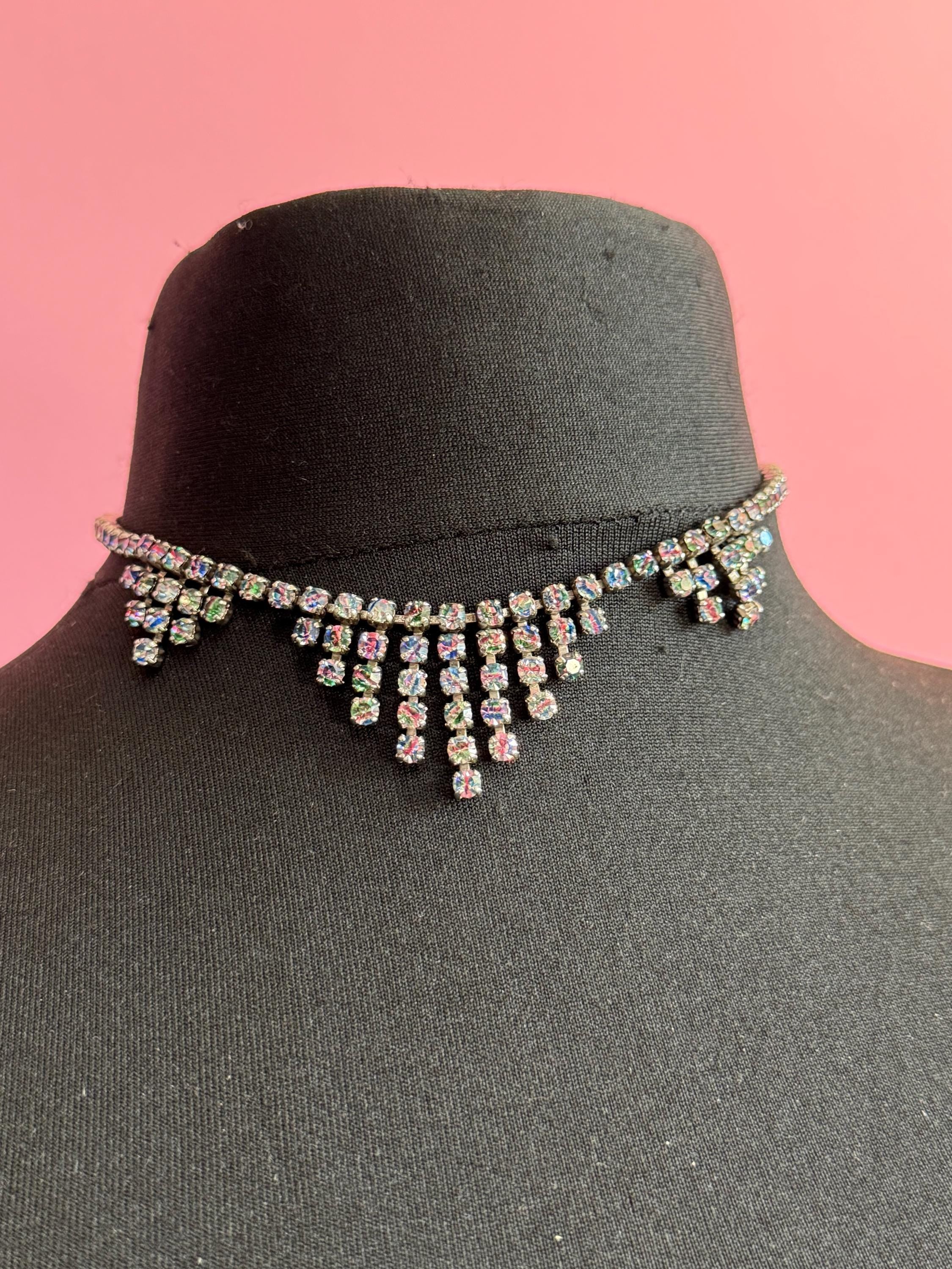Iris glass diamanté crystal drop necklace, rainbow rhinestones, vintage 41cm