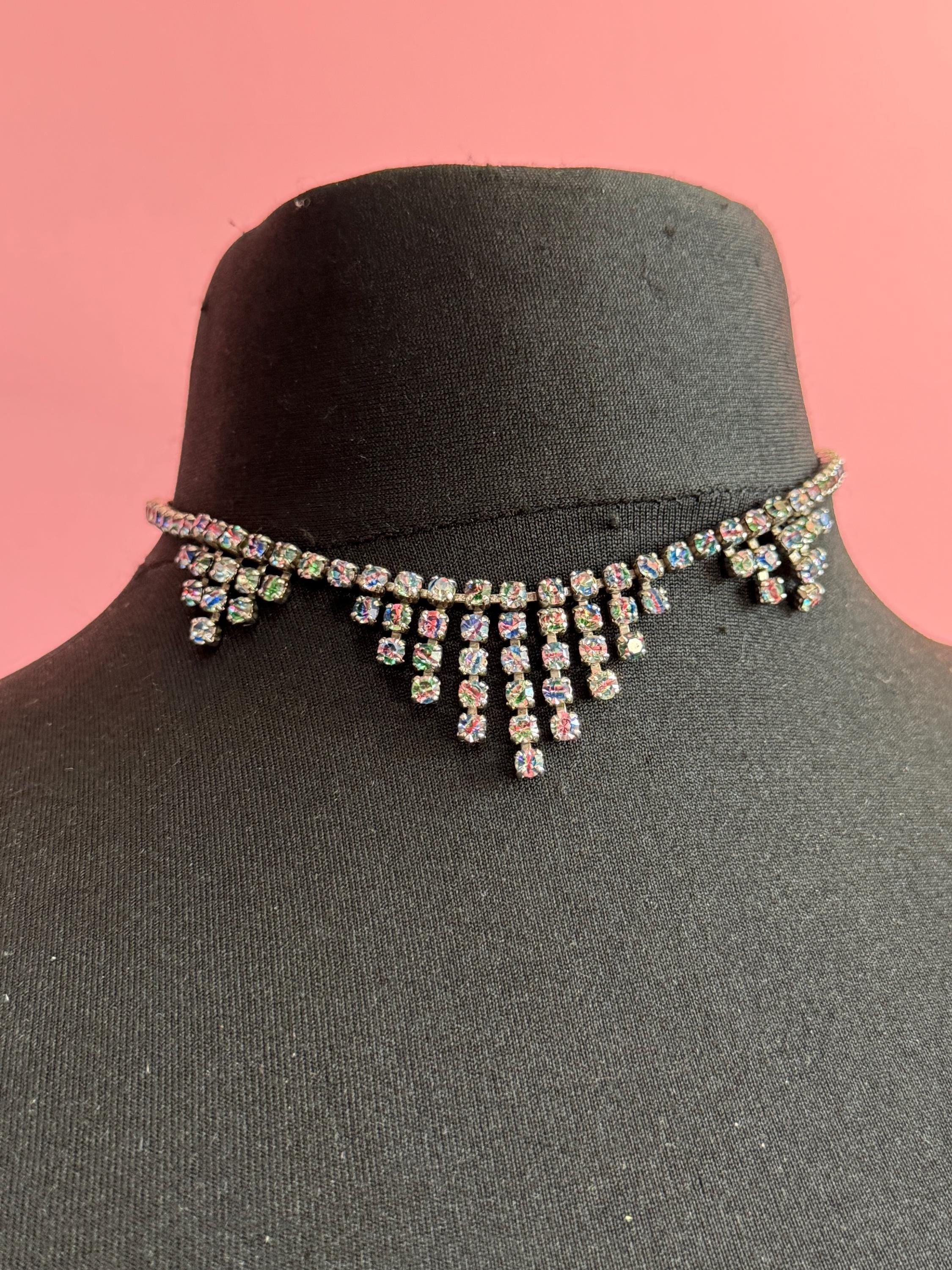 Iris glass diamanté crystal drop necklace, rainbow rhinestones, vintage 41cm
