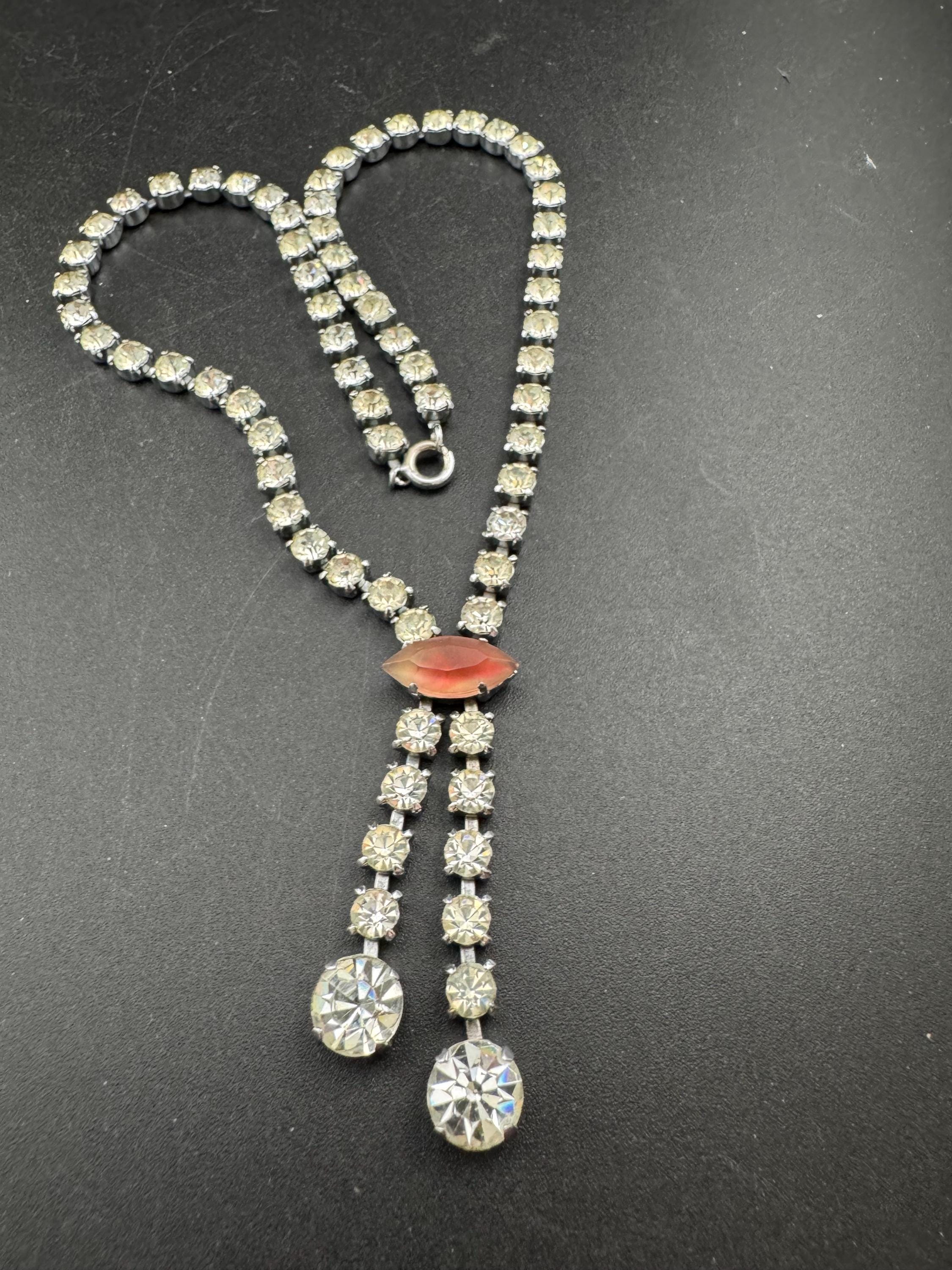 vintage clear diamanté rhinestone crystal drop necklace with an orange pink stone