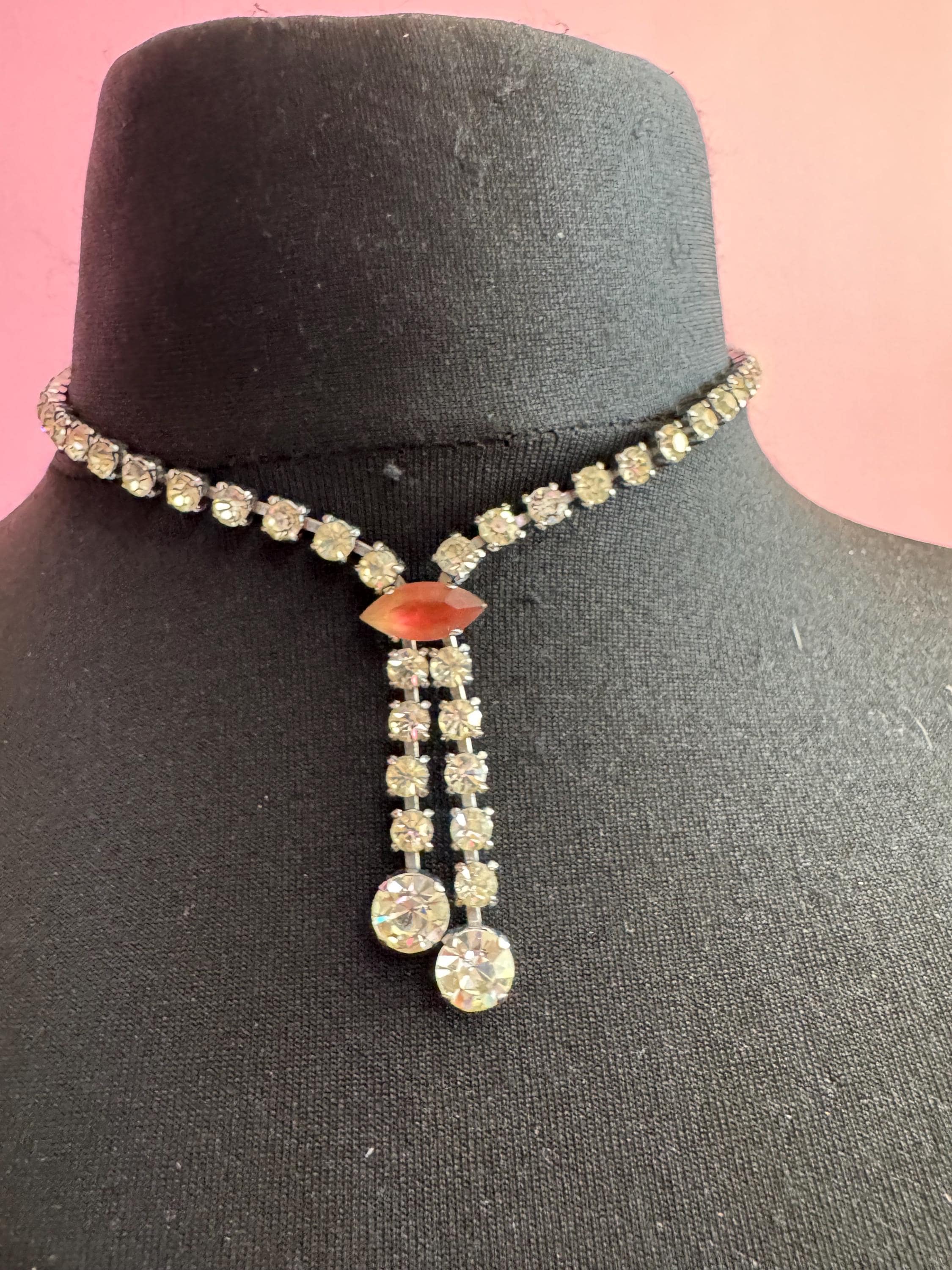 vintage clear diamanté rhinestone crystal drop necklace with an orange pink stone