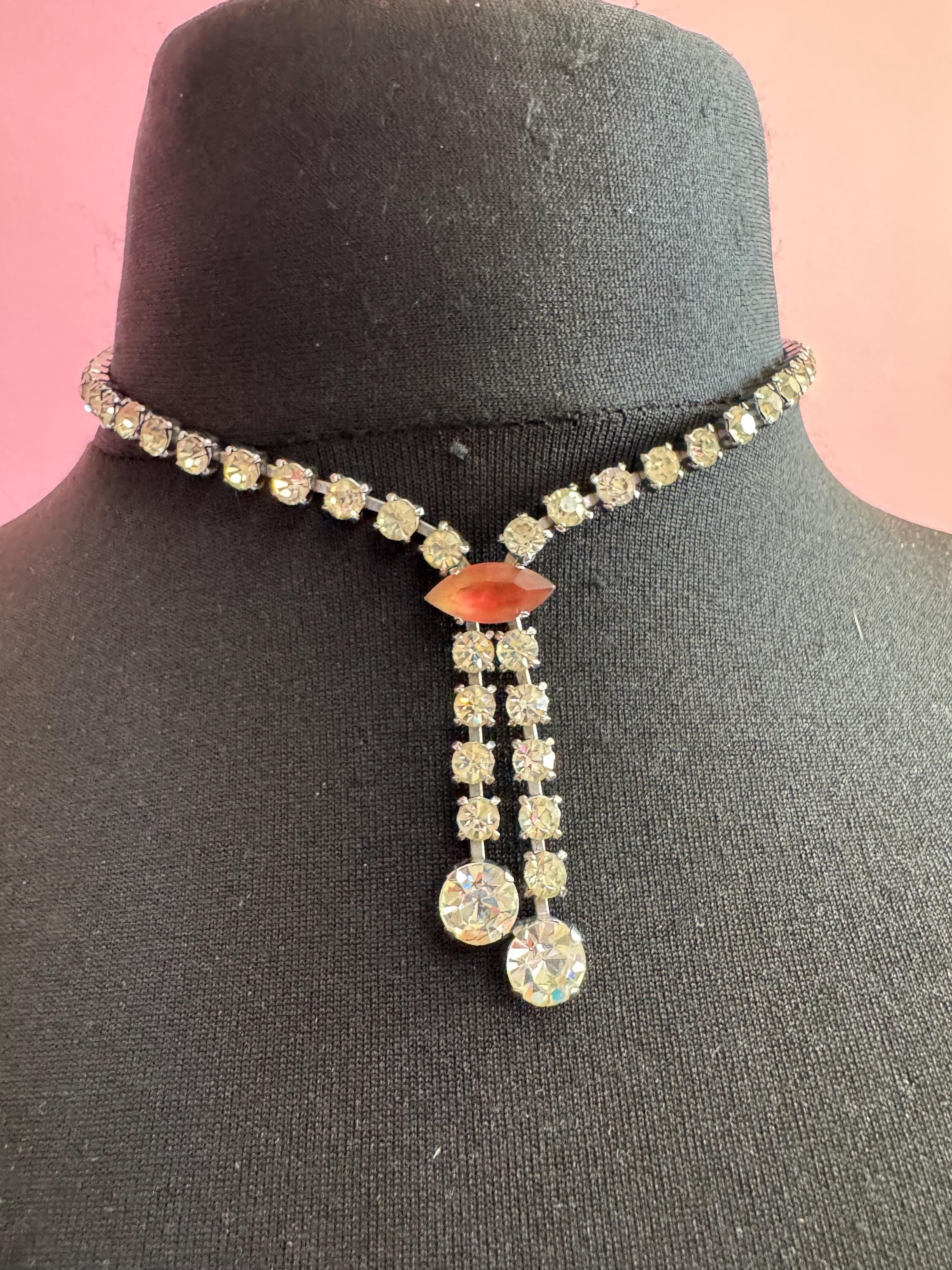 vintage clear diamanté rhinestone crystal drop necklace with an orange pink stone