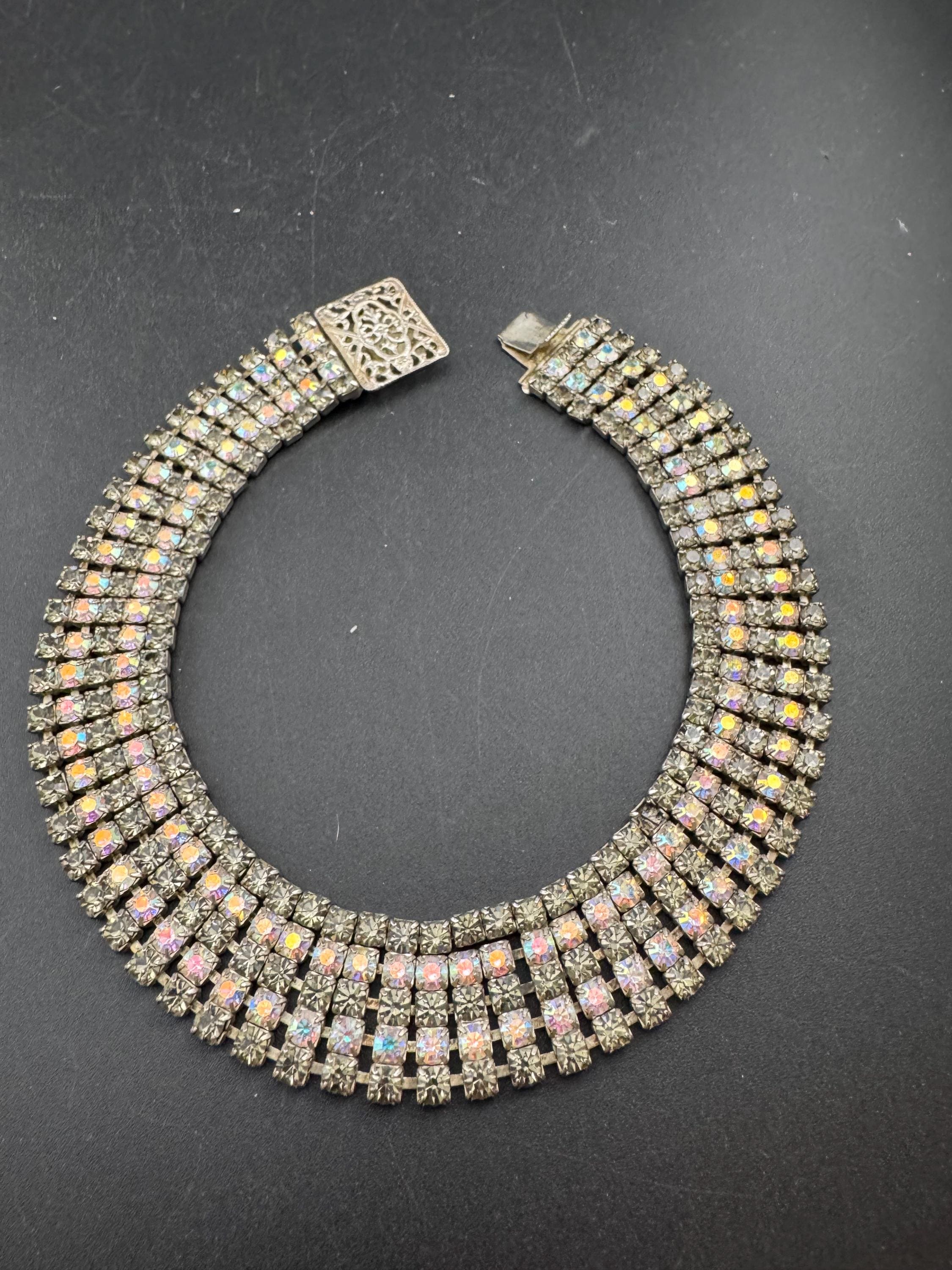 Very petite 36cm Vintage wide grey AB diamanté rhinestone crystal choker necklace