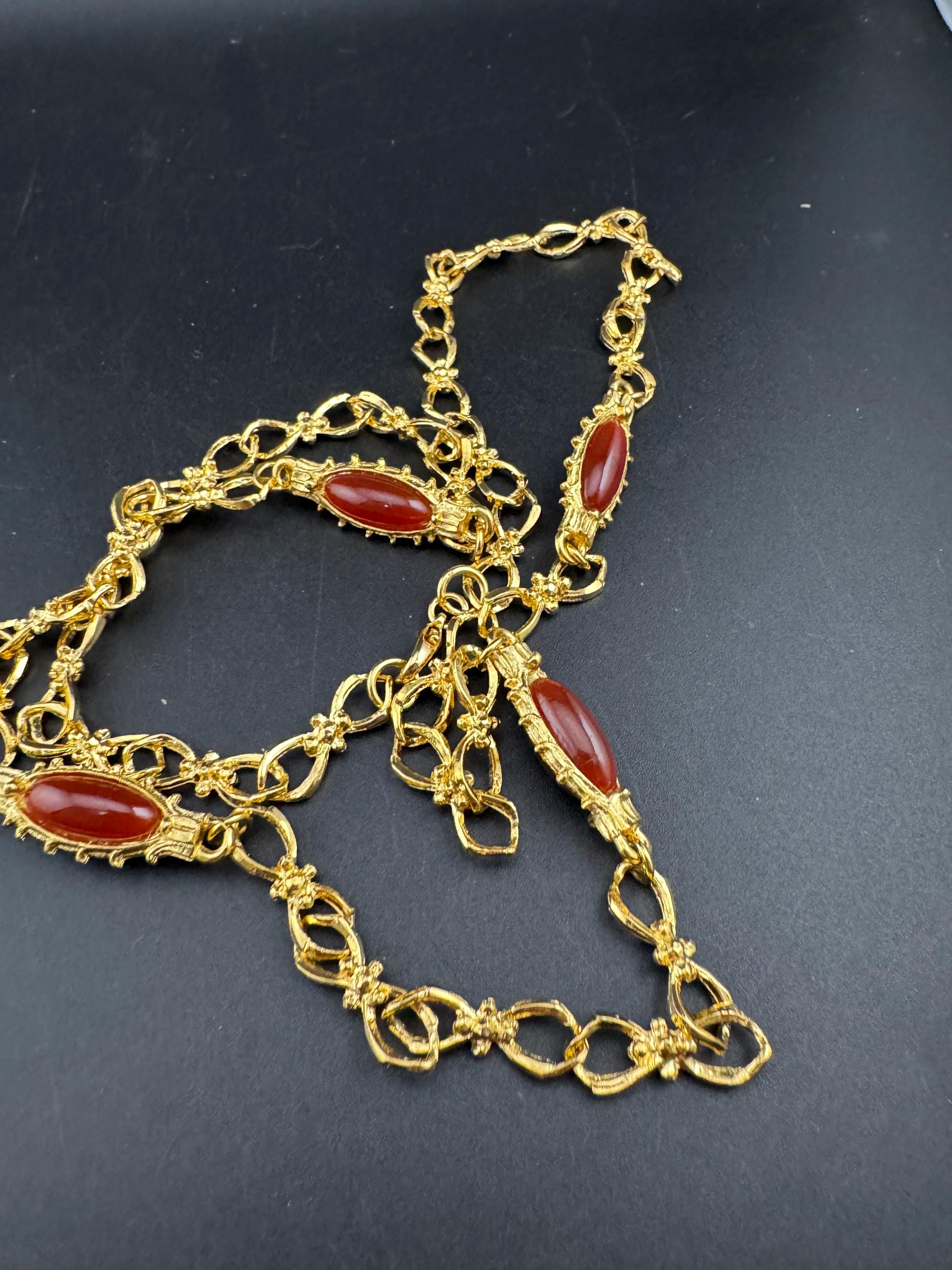 Signed David Grau glass carnelian station chain necklace, gold plated