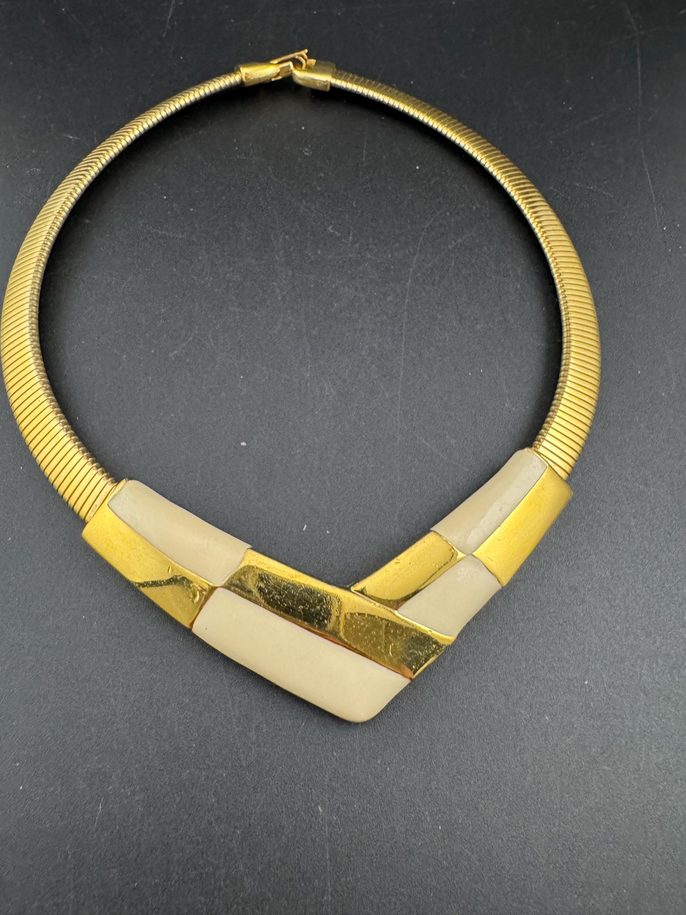Signed NAPIER cream Enamel Choker: Vintage Gold Tone omega necklace