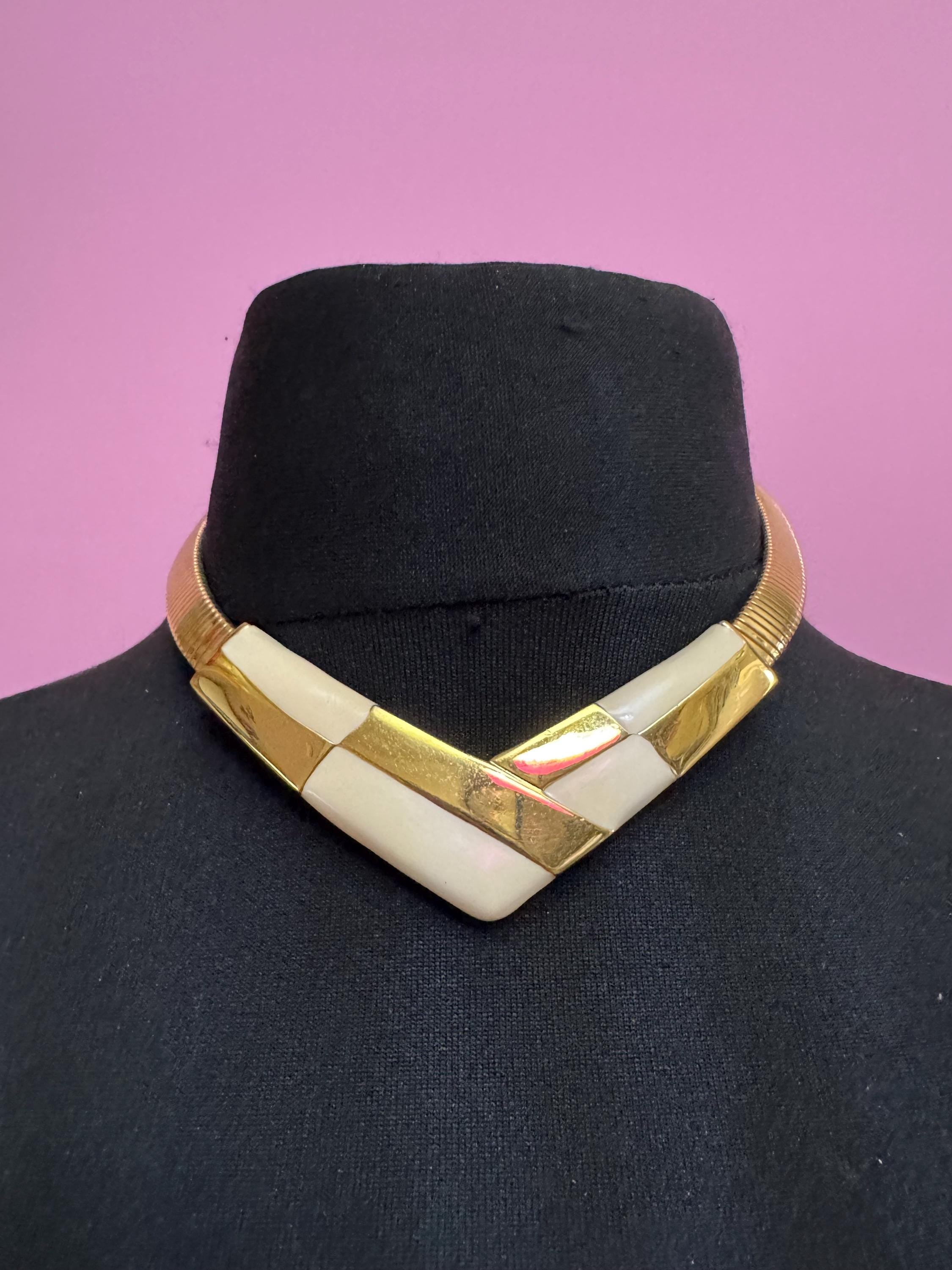 Signed NAPIER cream Enamel Choker: Vintage Gold Tone omega necklace