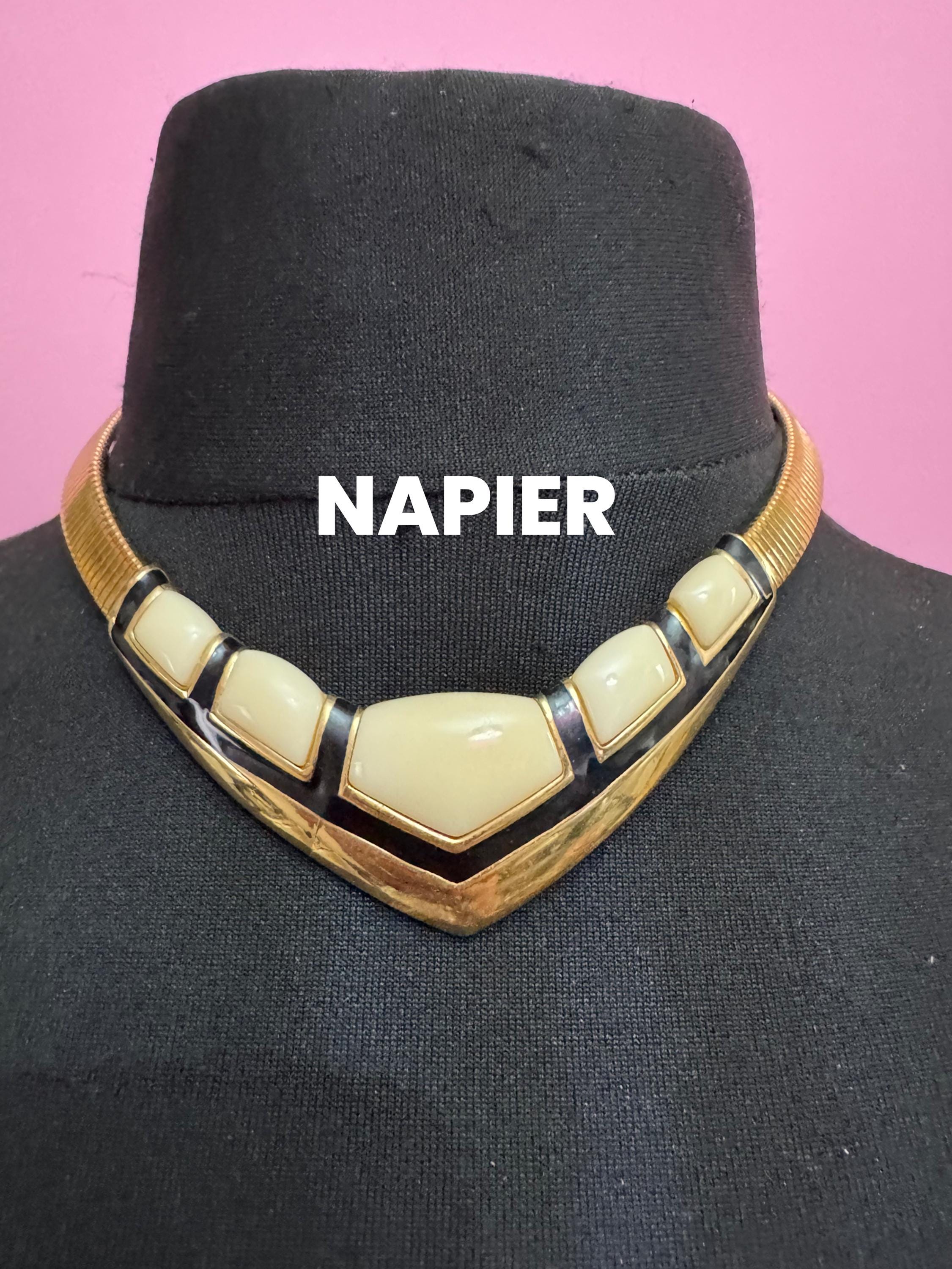 Signed NAPIER black cream Enamel Choker: Vintage Gold Tone omega necklace