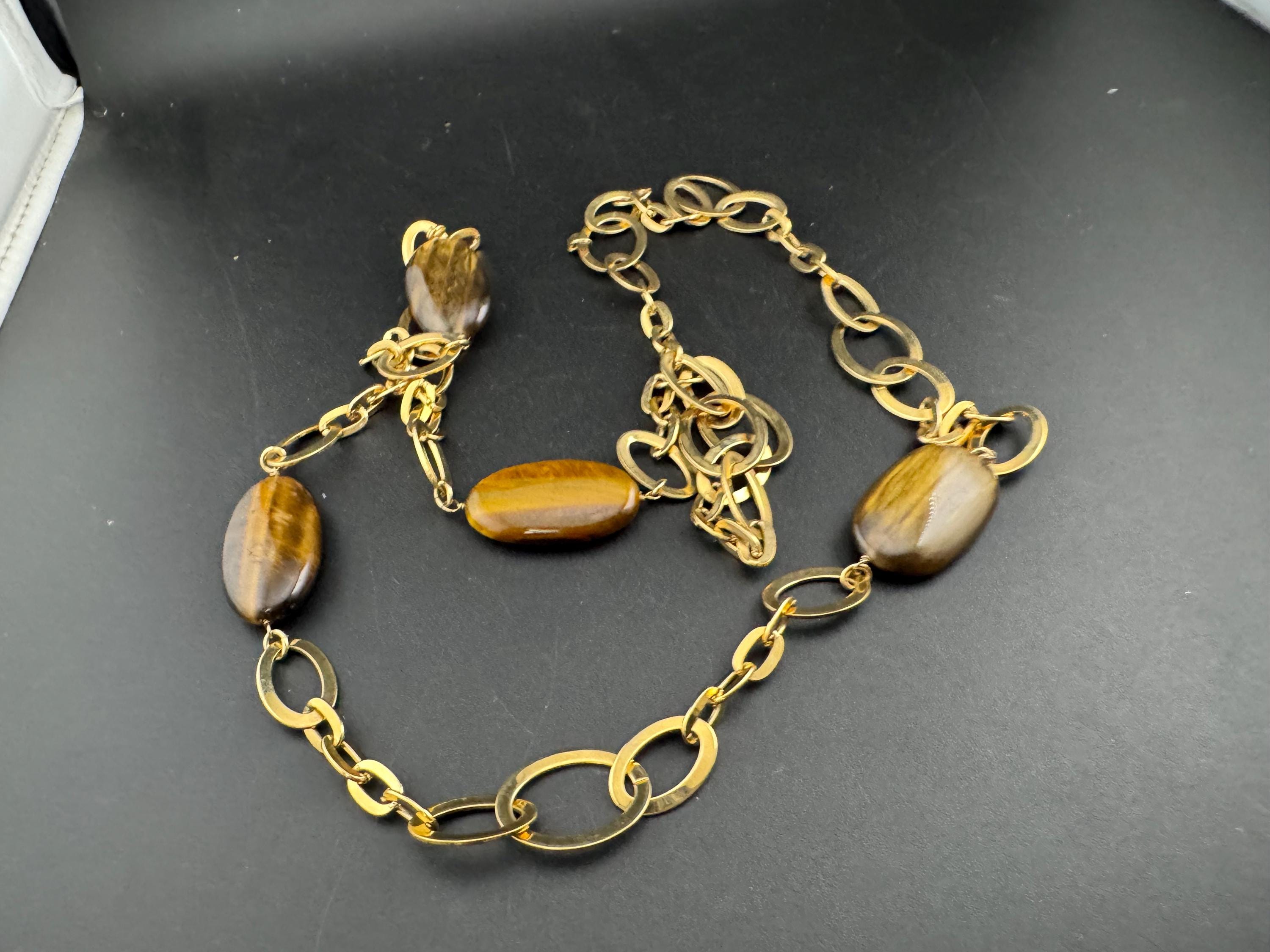 Signed MONET tigers eye gemstone gold station link necklace
