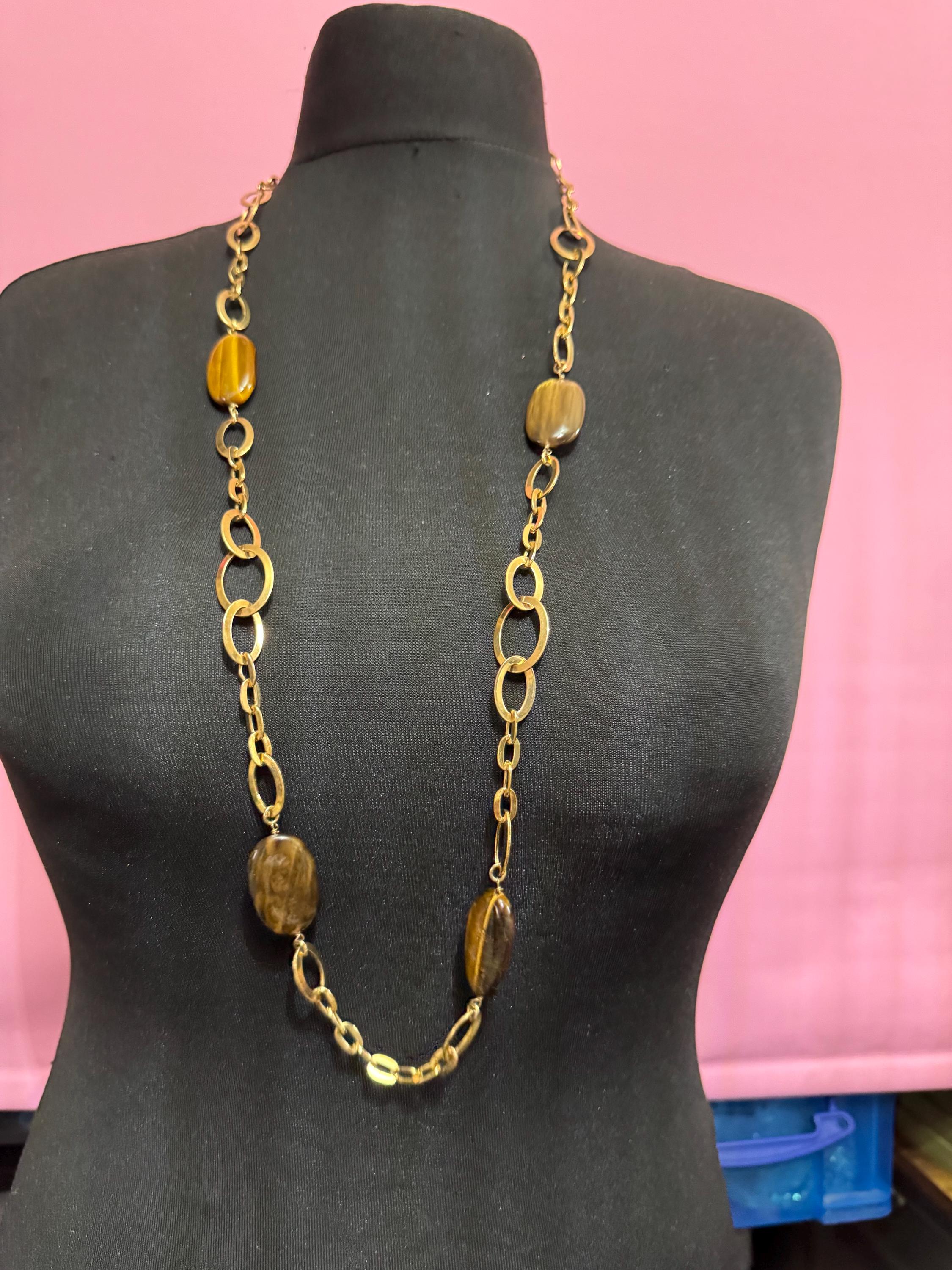 Signed MONET tigers eye gemstone gold station link necklace