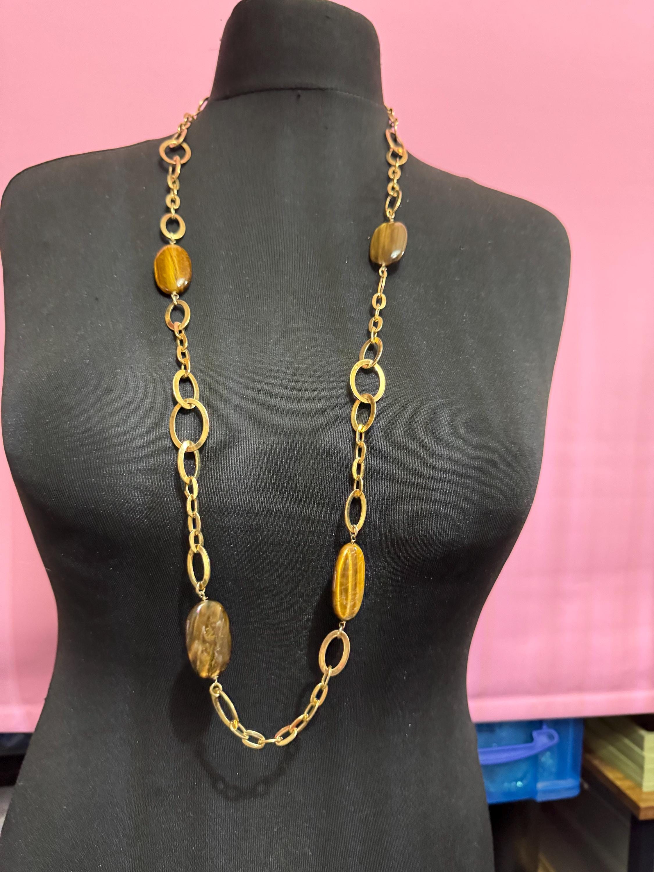 Signed MONET tigers eye gemstone gold station link necklace