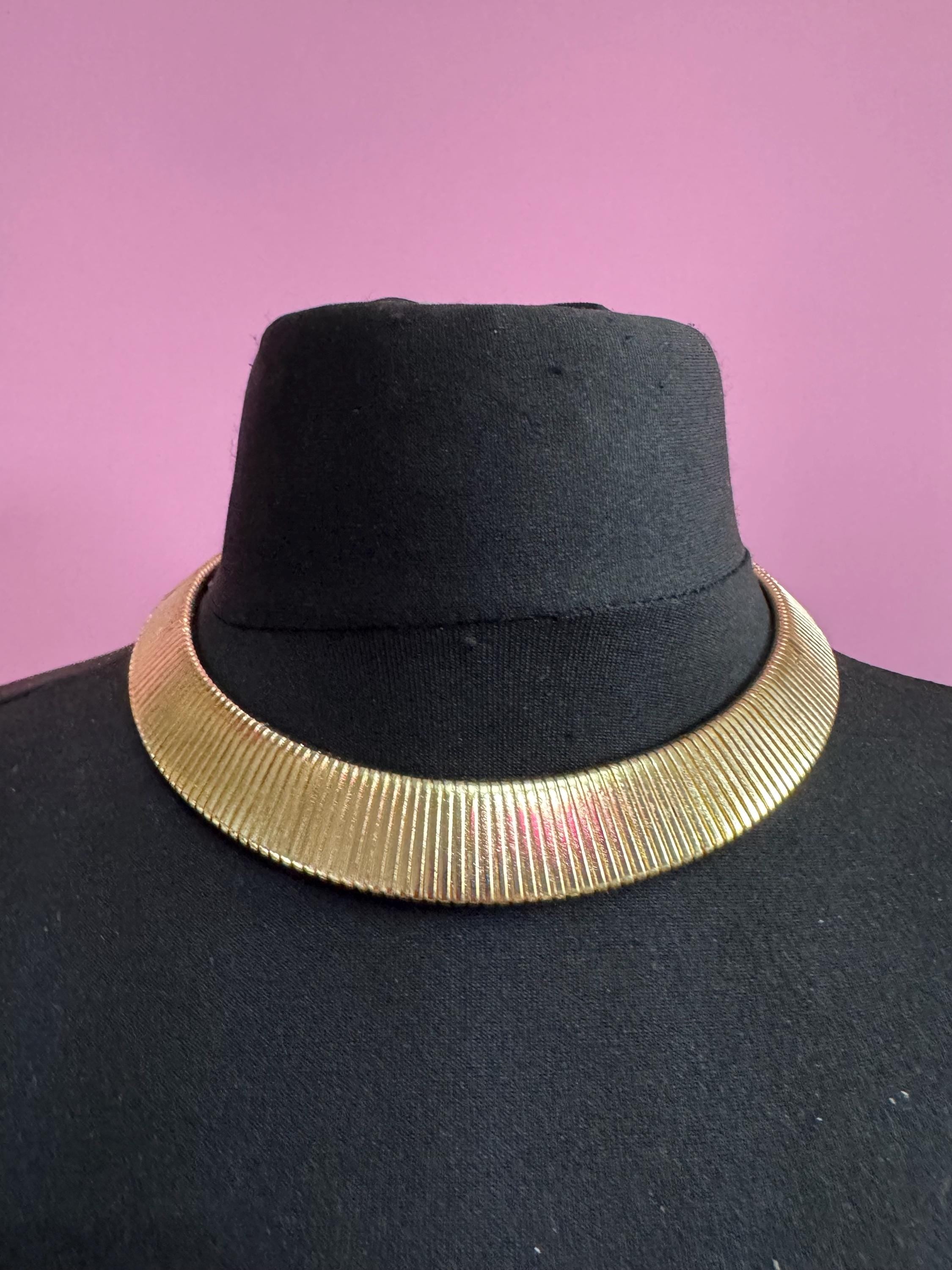 Vintage wide omega link choker necklace, gold tone with wear