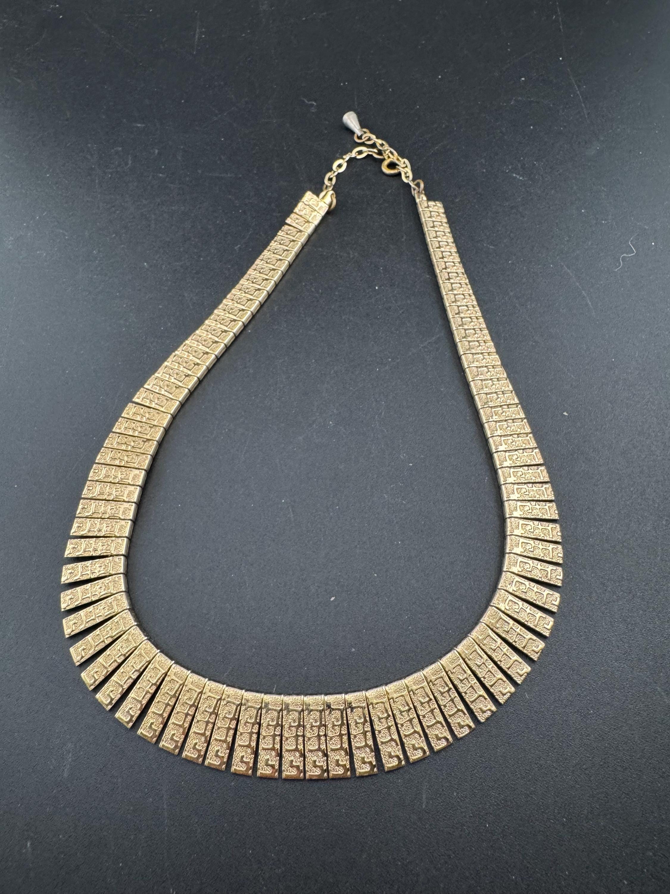 Vintage Egyptian revival gold wide choker necklace, brutalist textured design