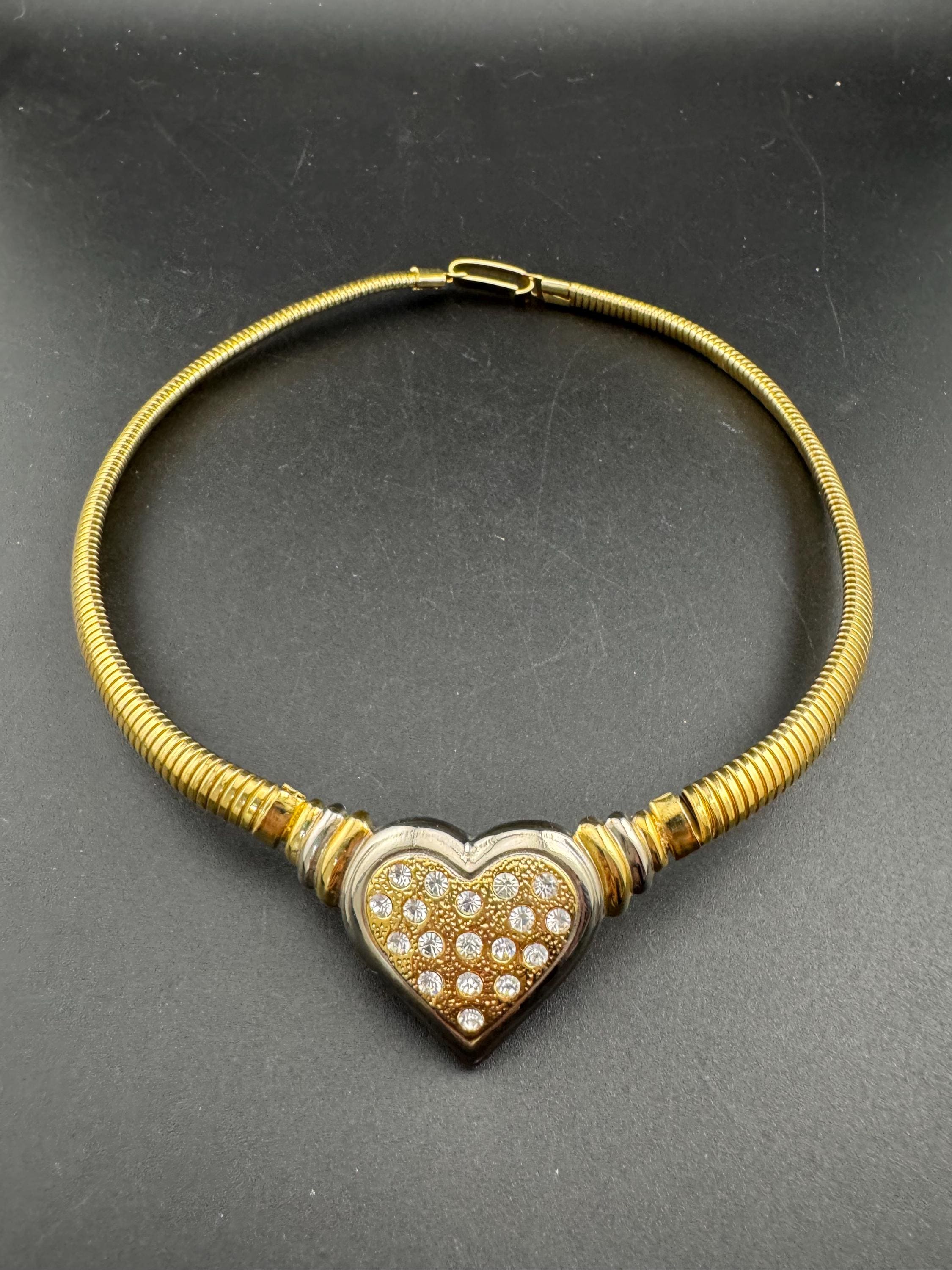 Vintage omega chain love heart diamanté choker necklace, gold tone