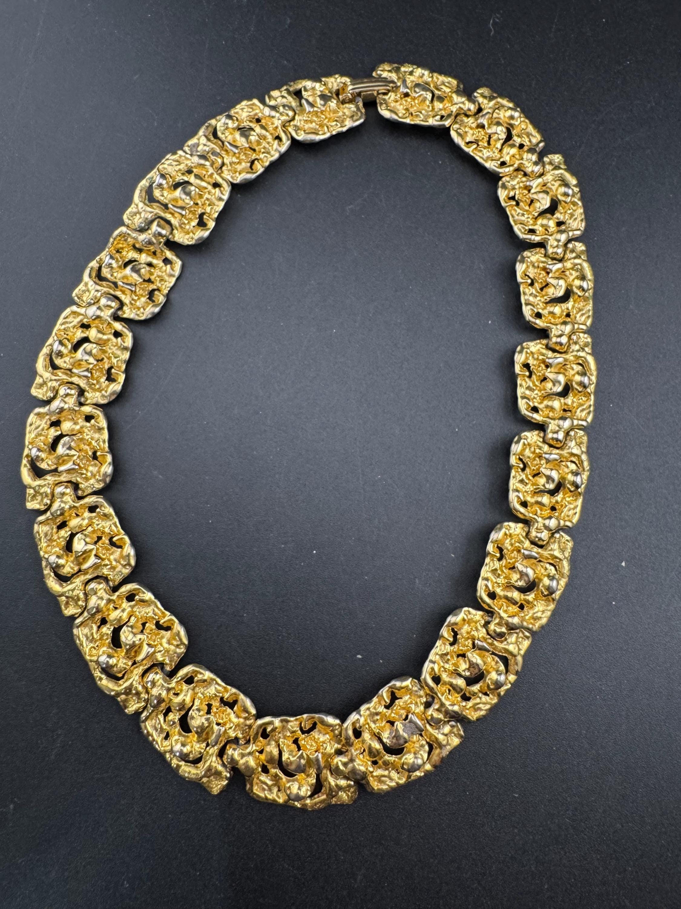Vintage wide brutalist textured choker necklace, gold tone