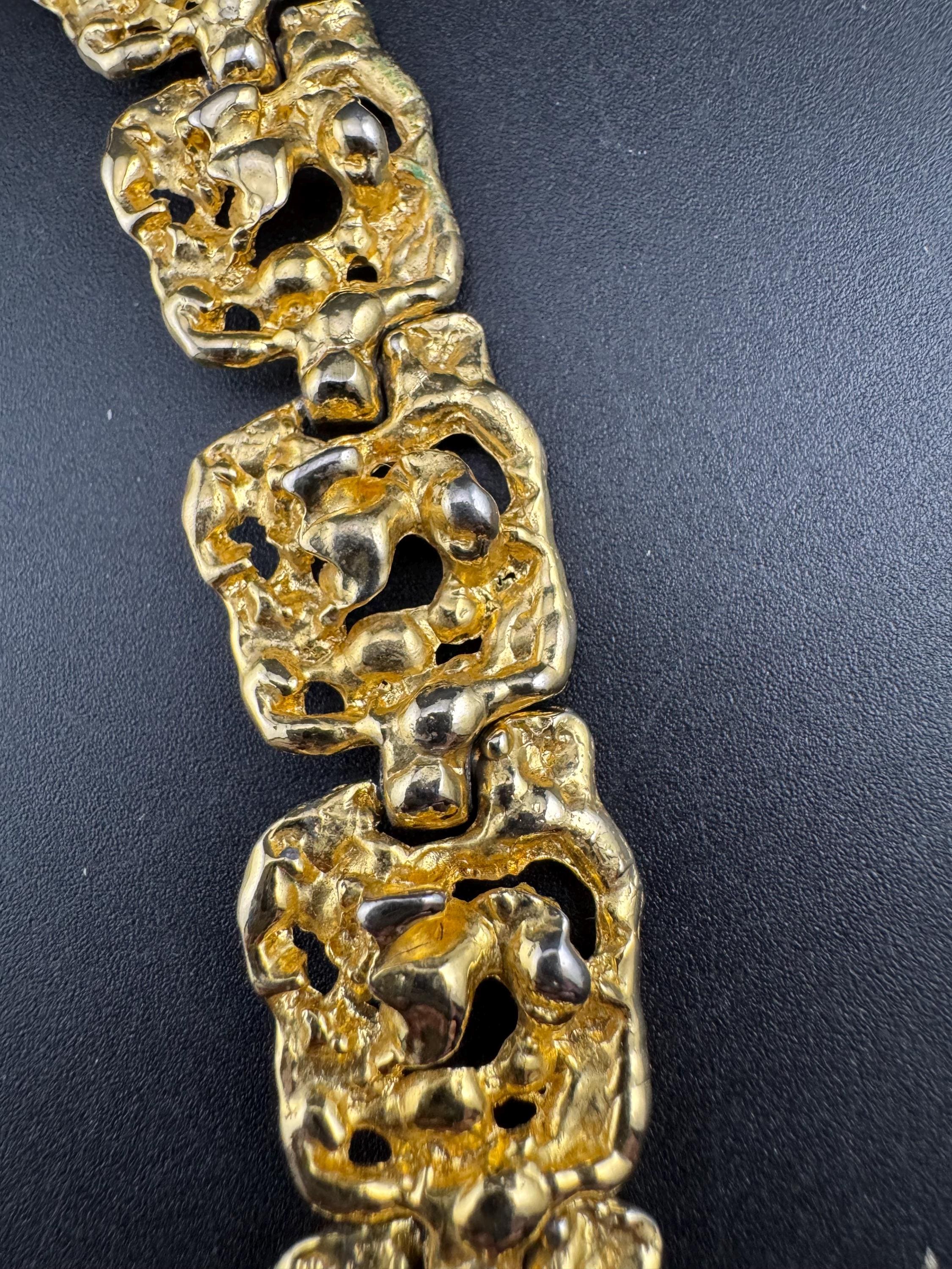 Vintage wide brutalist textured choker necklace, gold tone